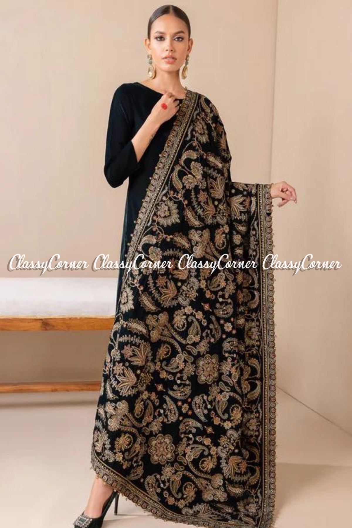 Zinc Golden Floral Embroidered Velvet Shawl