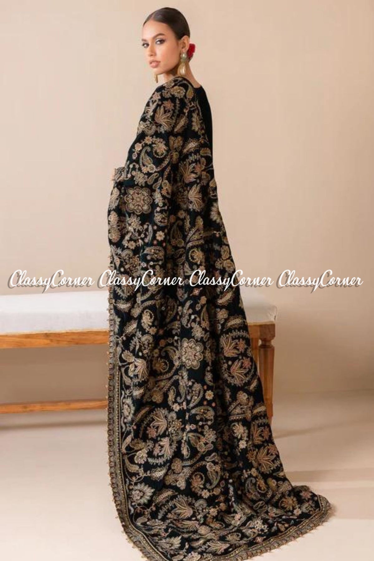 Zinc Golden Floral Embroidered Velvet Shawl