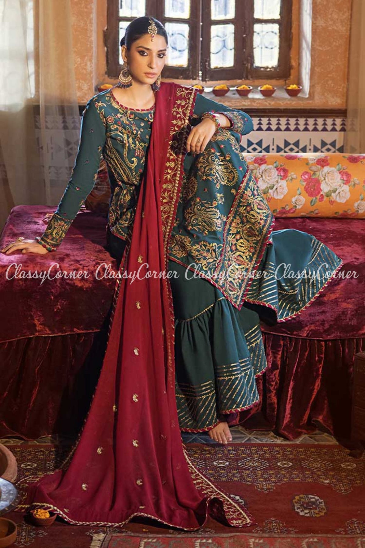 Pakistani Zinc Maroon Embroidered Lawn Gharara Dress