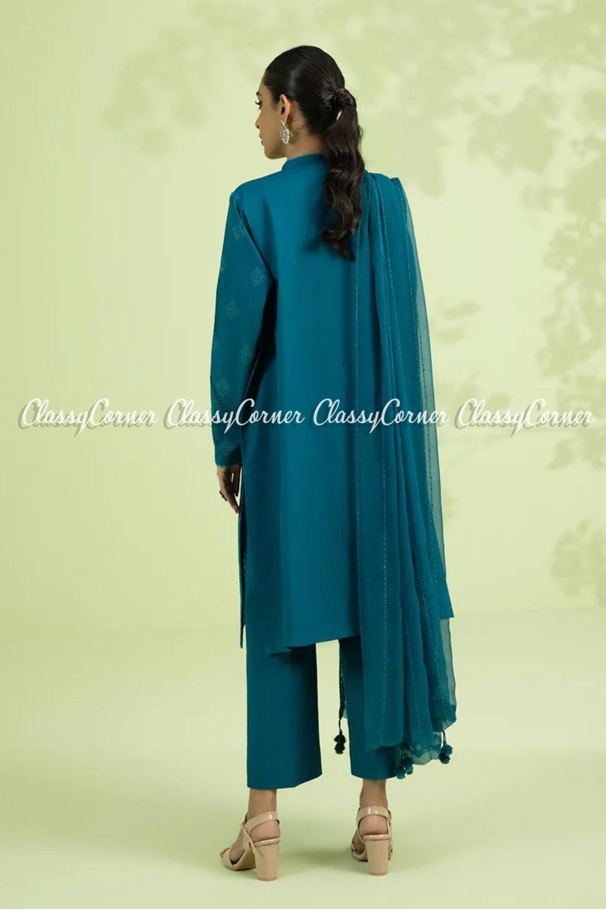 Turquoise Blue Pakistani Lawn Embroidered 3 Piece Dress