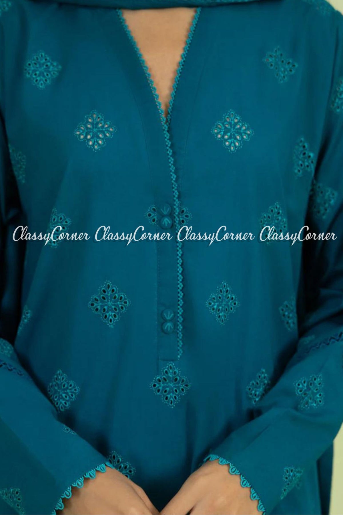 Turquoise Blue Pakistani Lawn Embroidered 3 Piece Dress