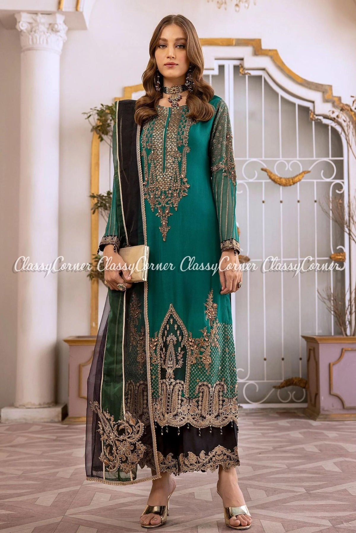 Zinc Black Chiffon Embroidered Readymade Suit