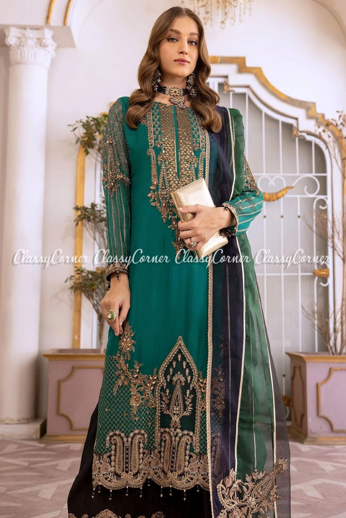 Zinc Black Chiffon Embroidered Readymade Suit