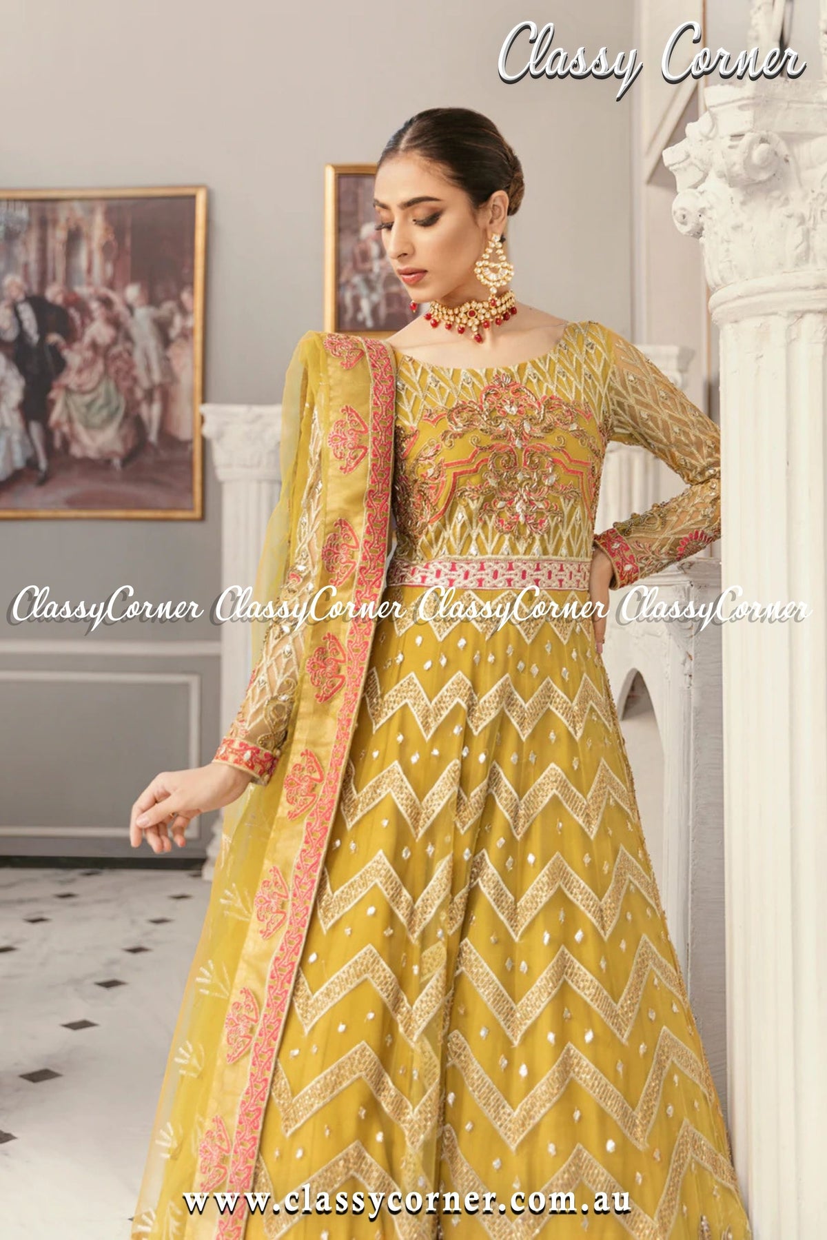 Mustard Yellow Pakistani Formal Gown - Classy Corner