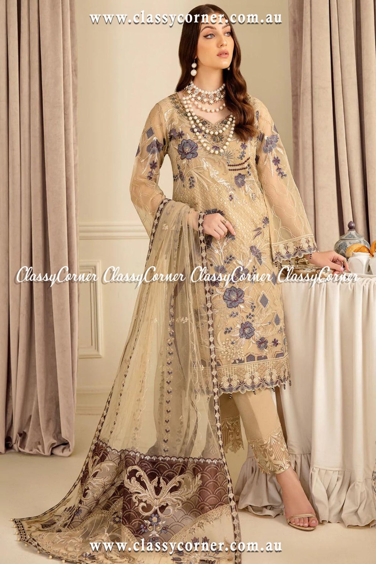 Pakistani Beige Embroidered Organza Dress - Classy Corner