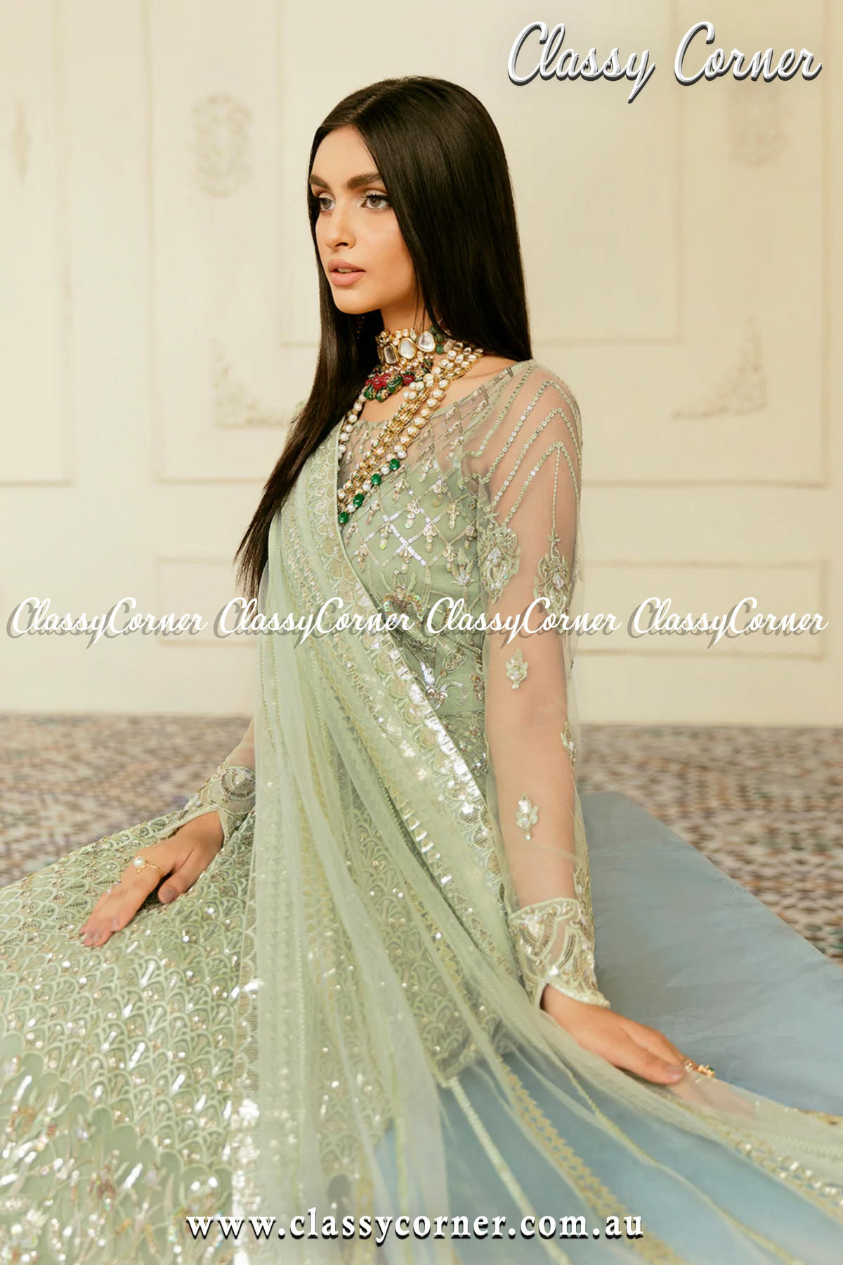 Light Green Pakistani Party Wear Gown - Classy Corner