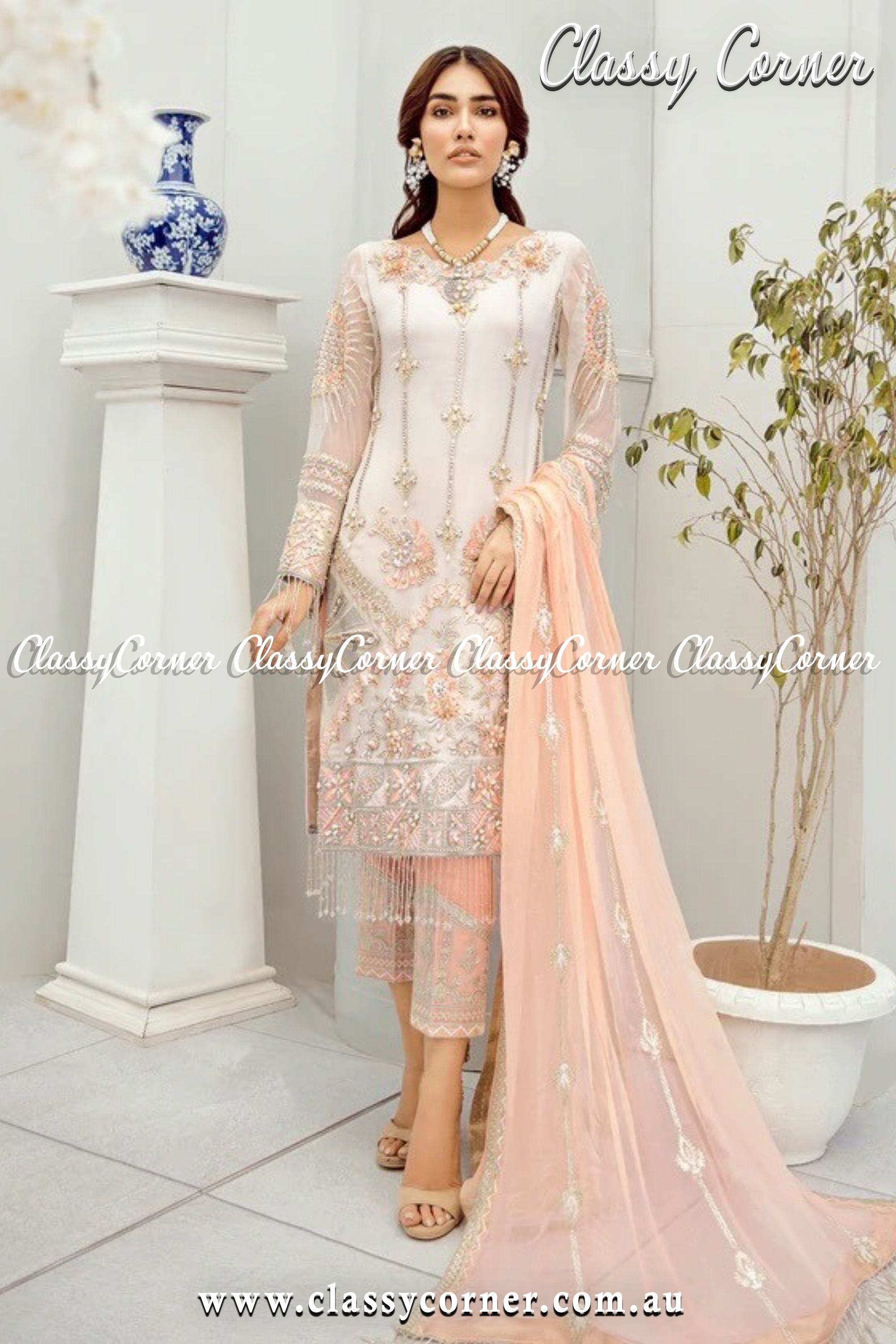 White Peach Formal Salwar Kameez - Classy Corner