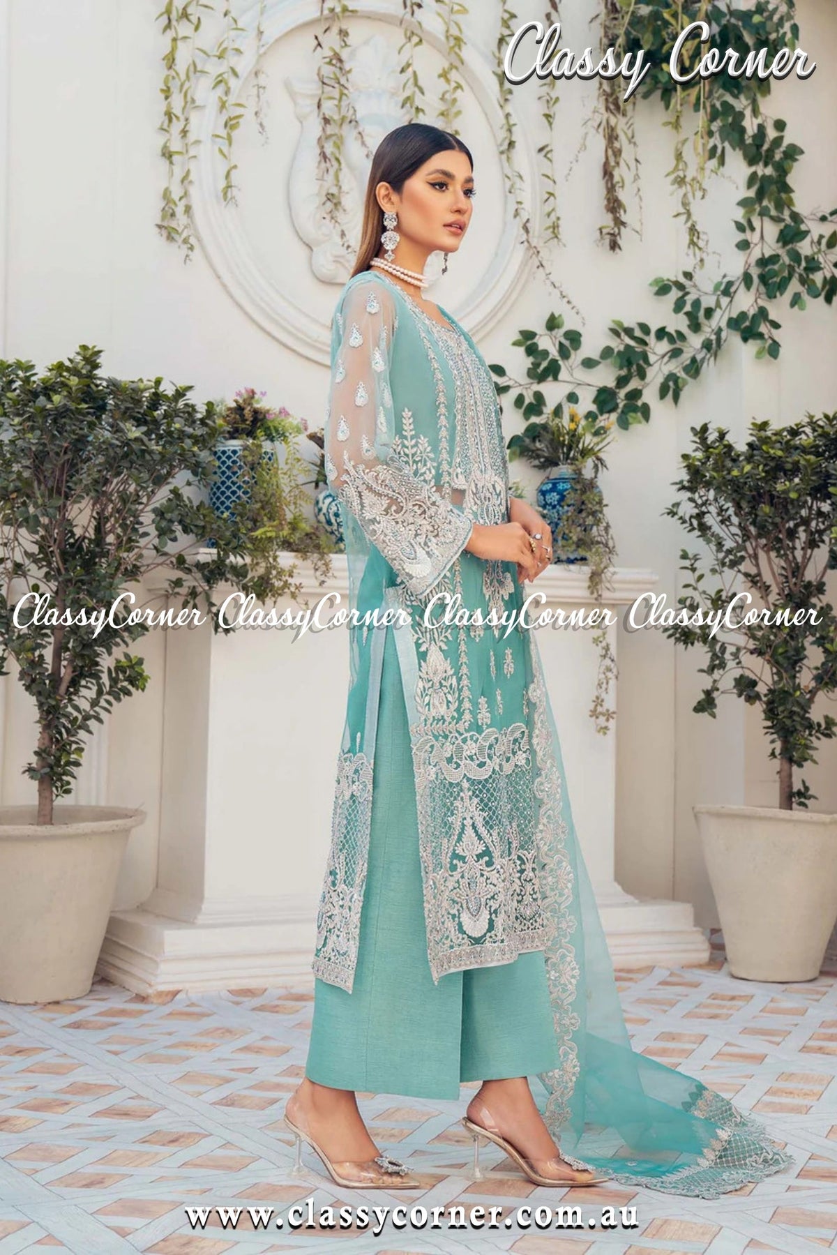 Teal Blue Pakistani Salwar Kameez - Classy Corner