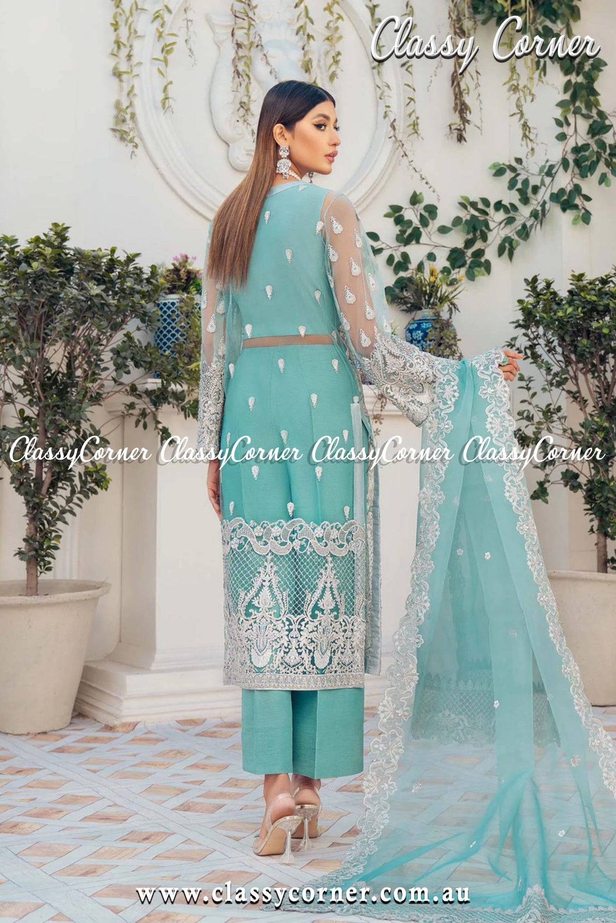 Teal Blue Pakistani Salwar Kameez - Classy Corner