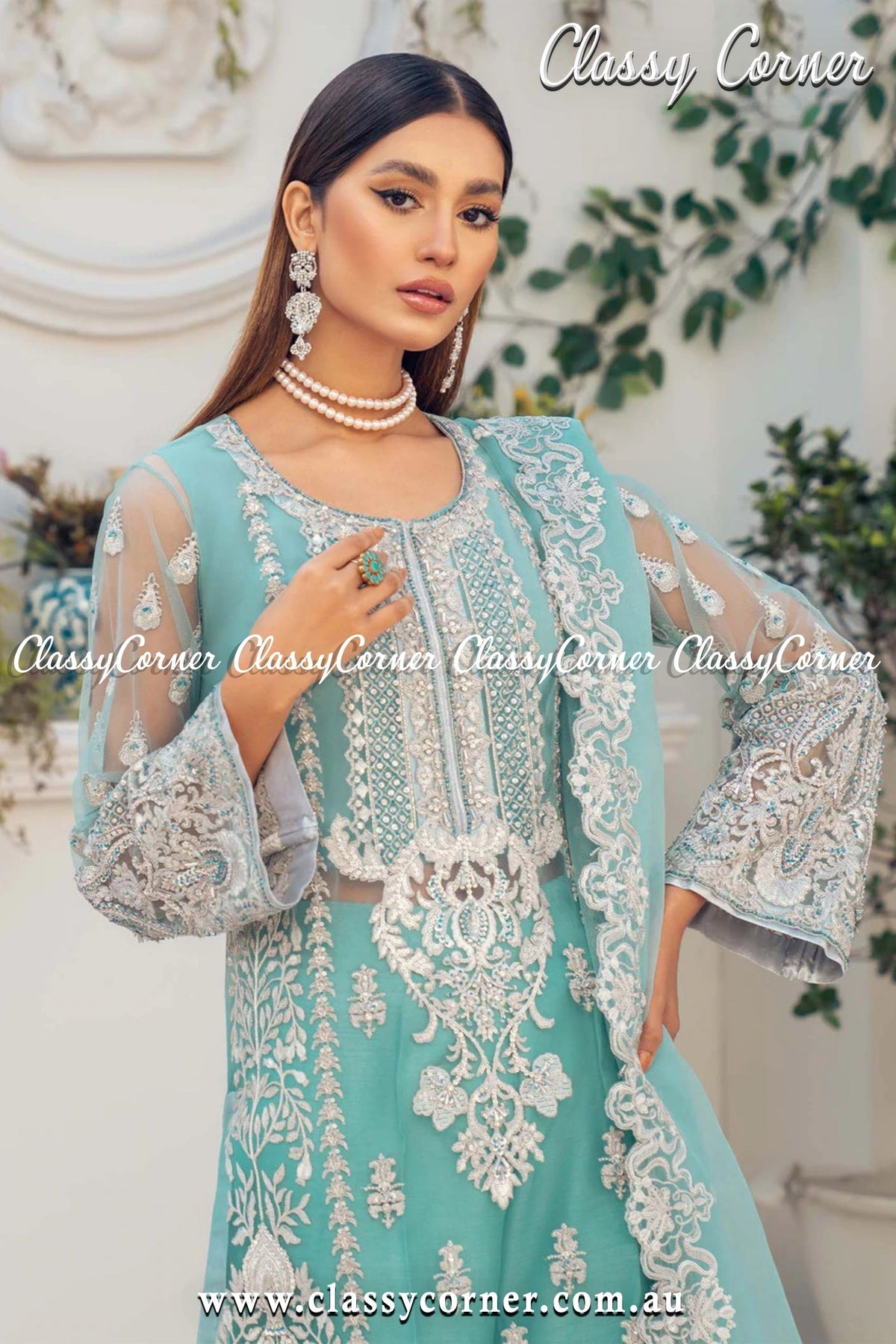 Teal Blue Pakistani Salwar Kameez - Classy Corner