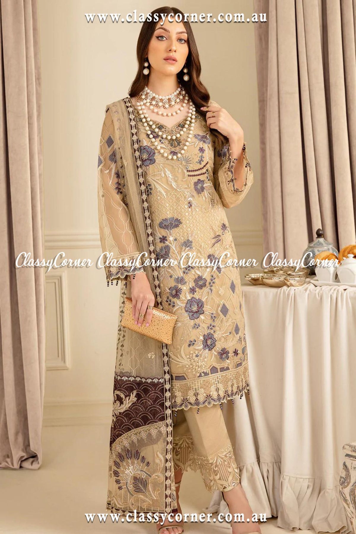 Pakistani Beige Embroidered Organza Dress - Classy Corner