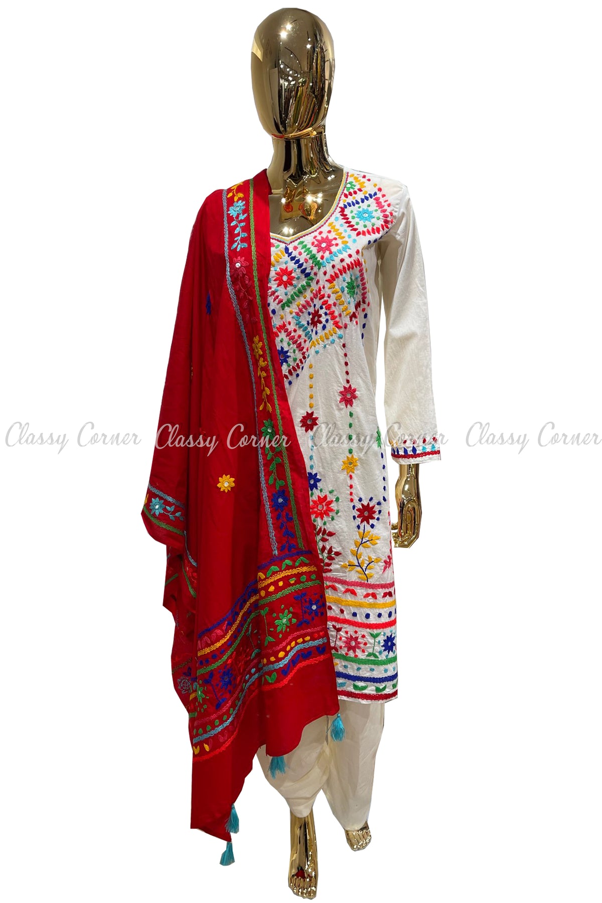 White Red Hand Embroidered Cotton Salwar Kameez Set - Classy Corner