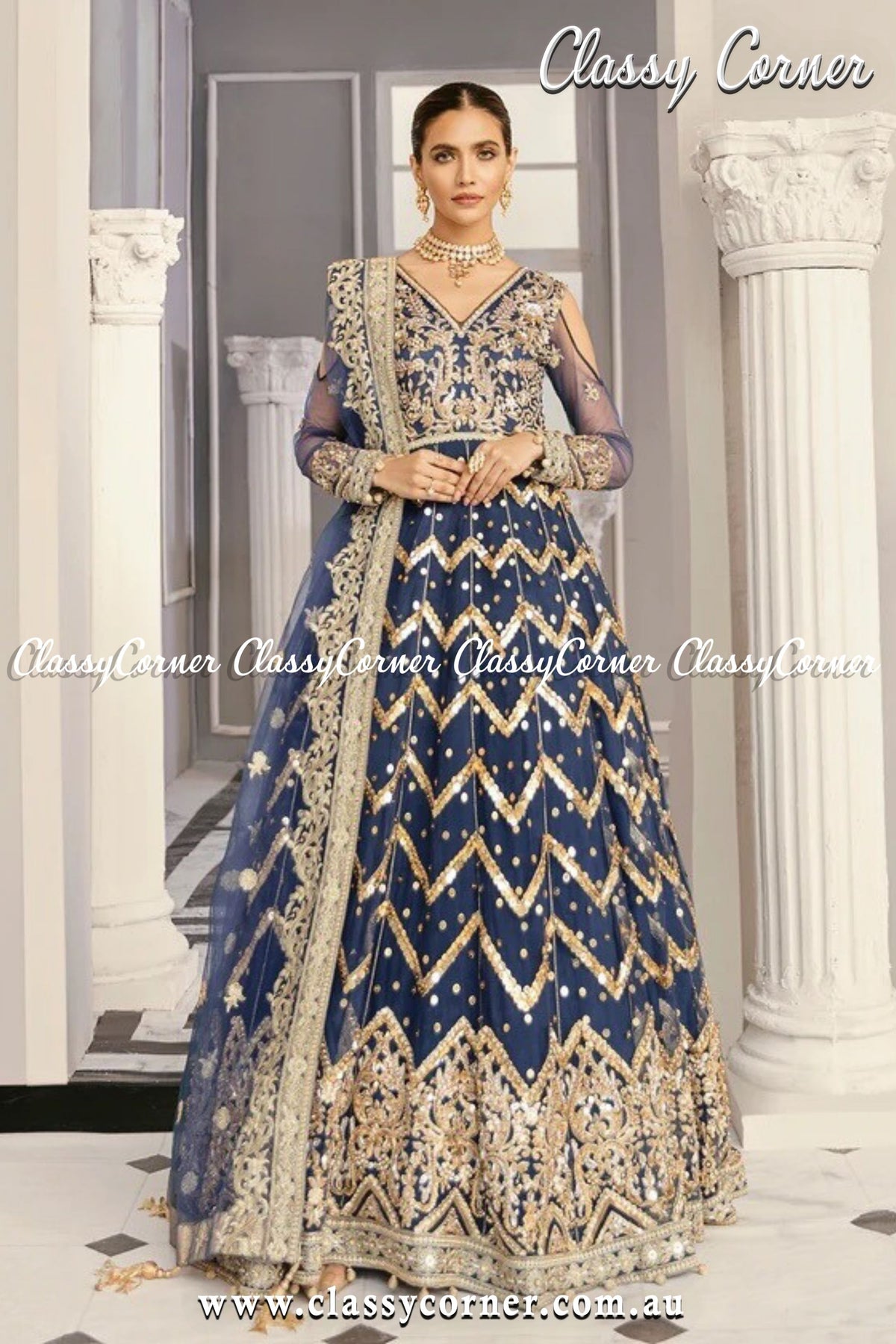 Navy Blue Gold Pakistani Formal Gown - Classy Corner