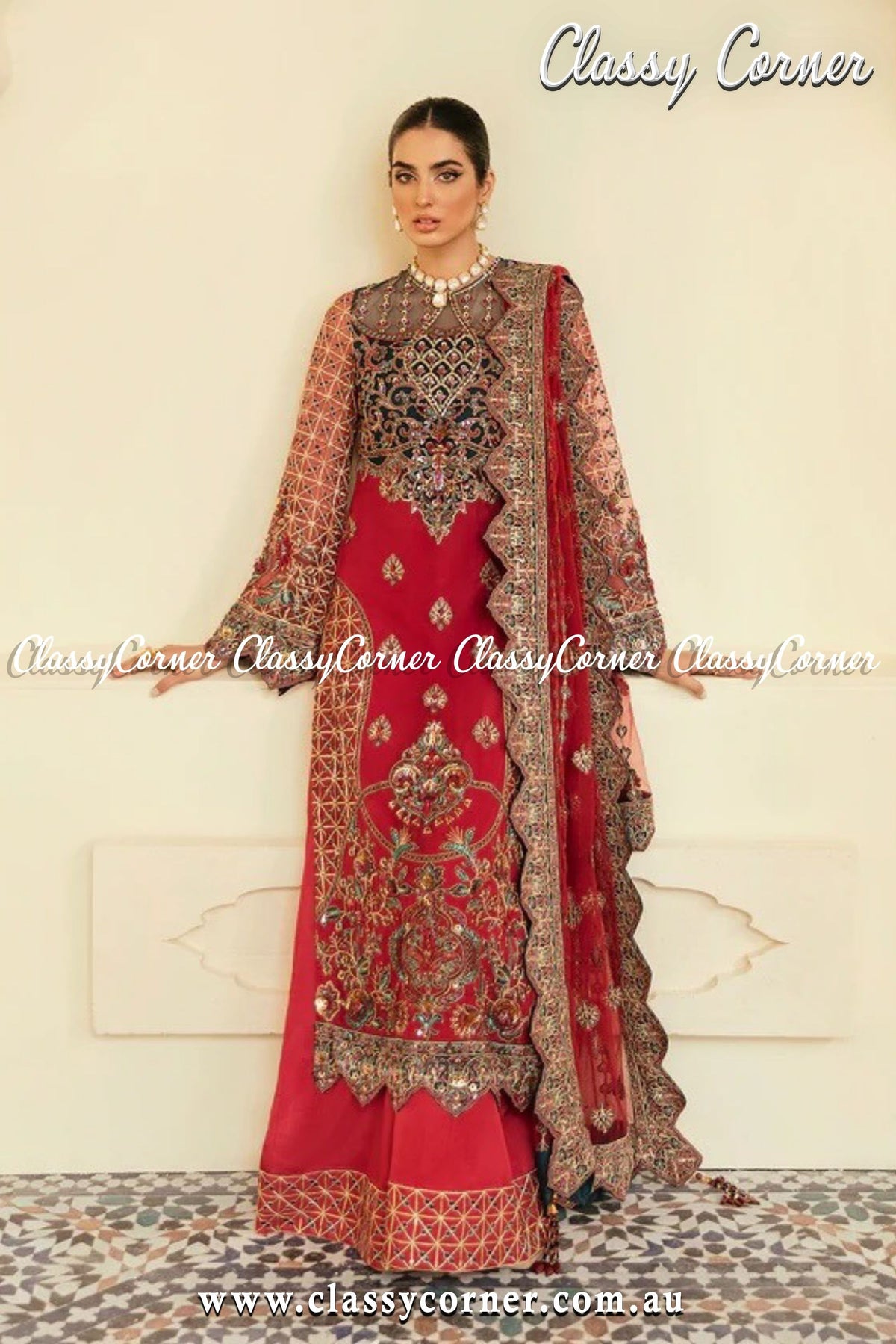 Red Golden Pakistani Formal Wear - Classy Corner