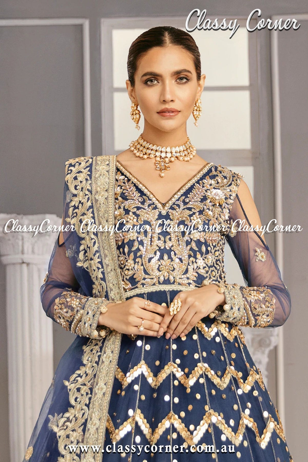 Navy Blue Gold Pakistani Formal Gown - Classy Corner