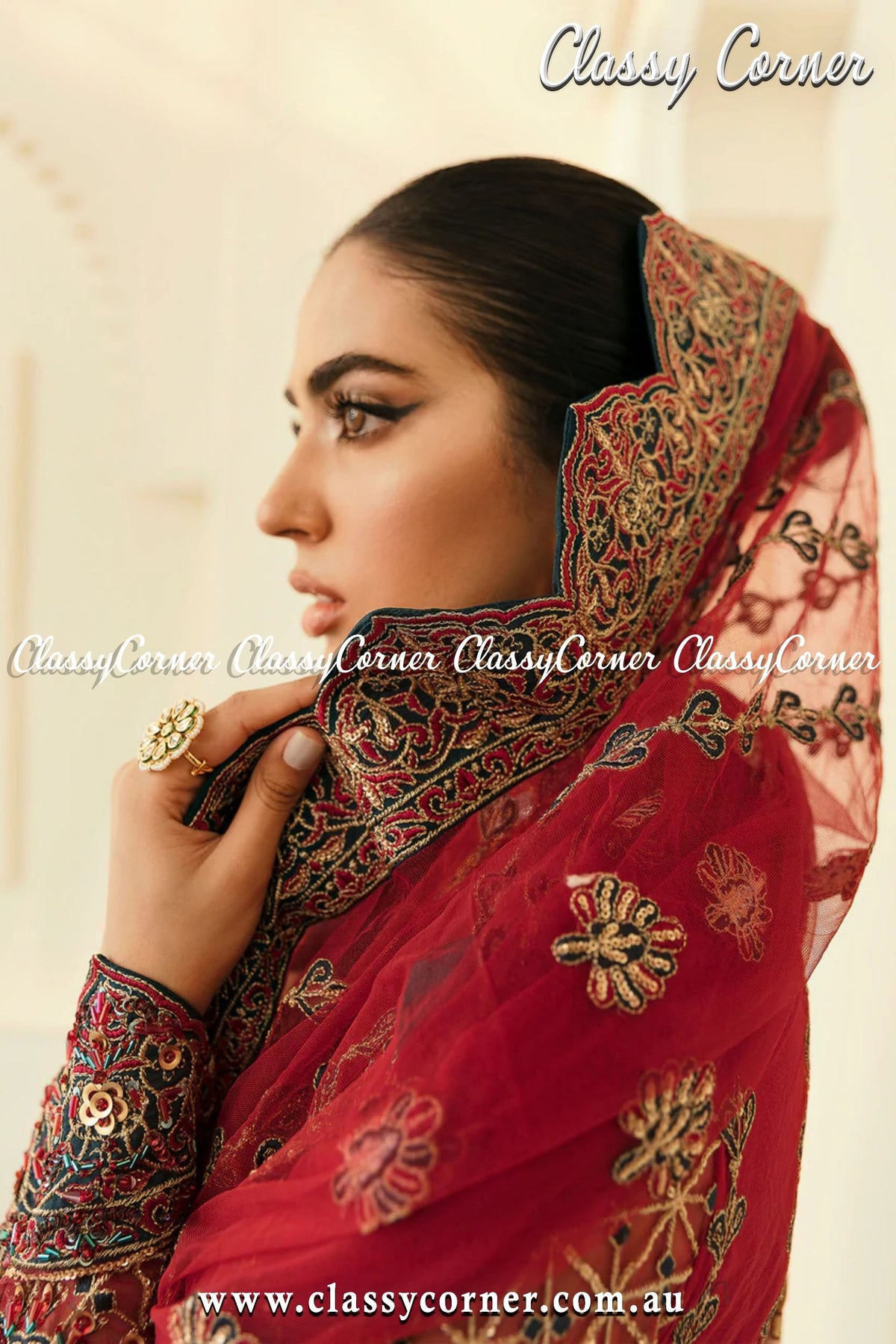 Red Golden Pakistani Formal Wear - Classy Corner