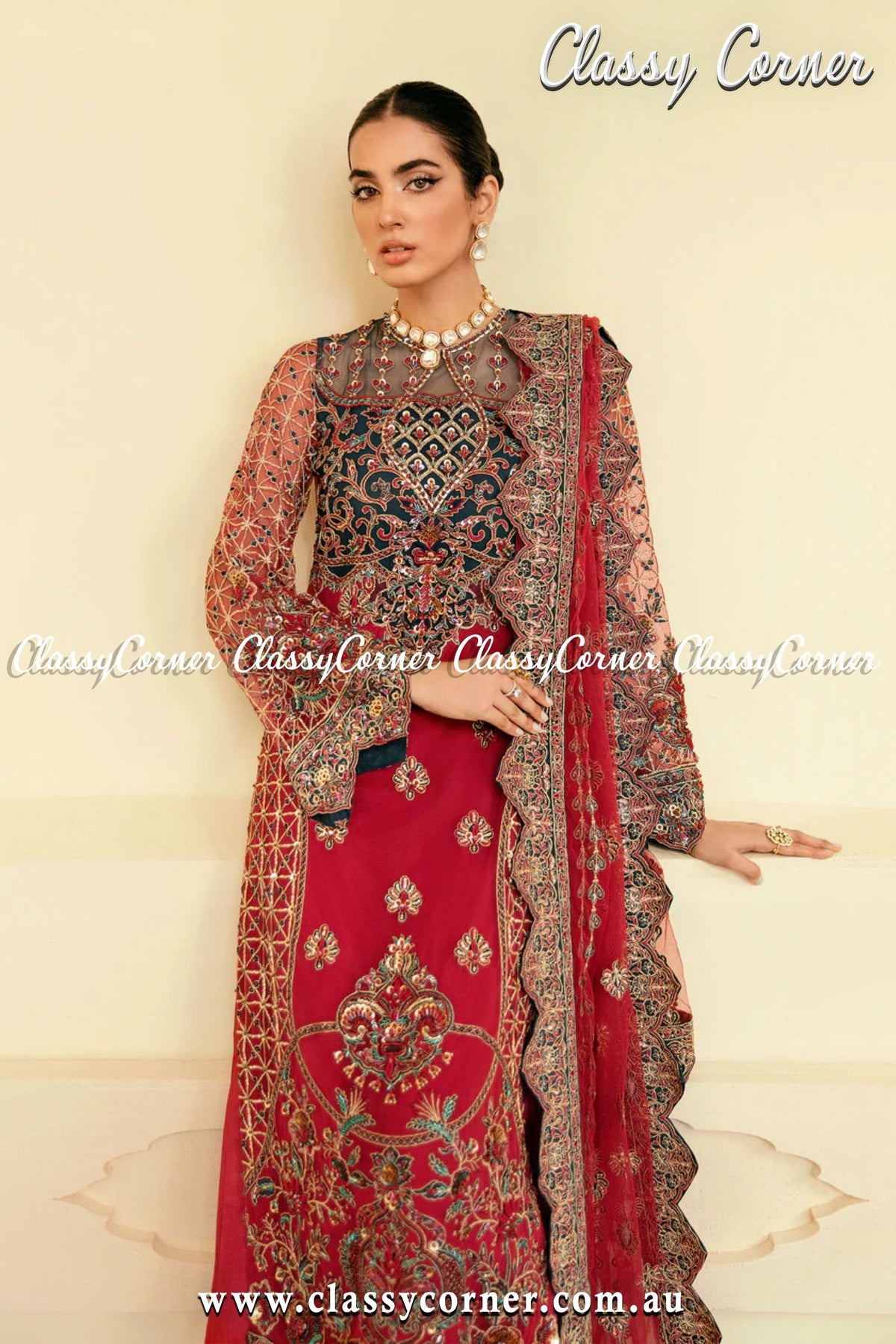 Red Golden Pakistani Formal Wear - Classy Corner