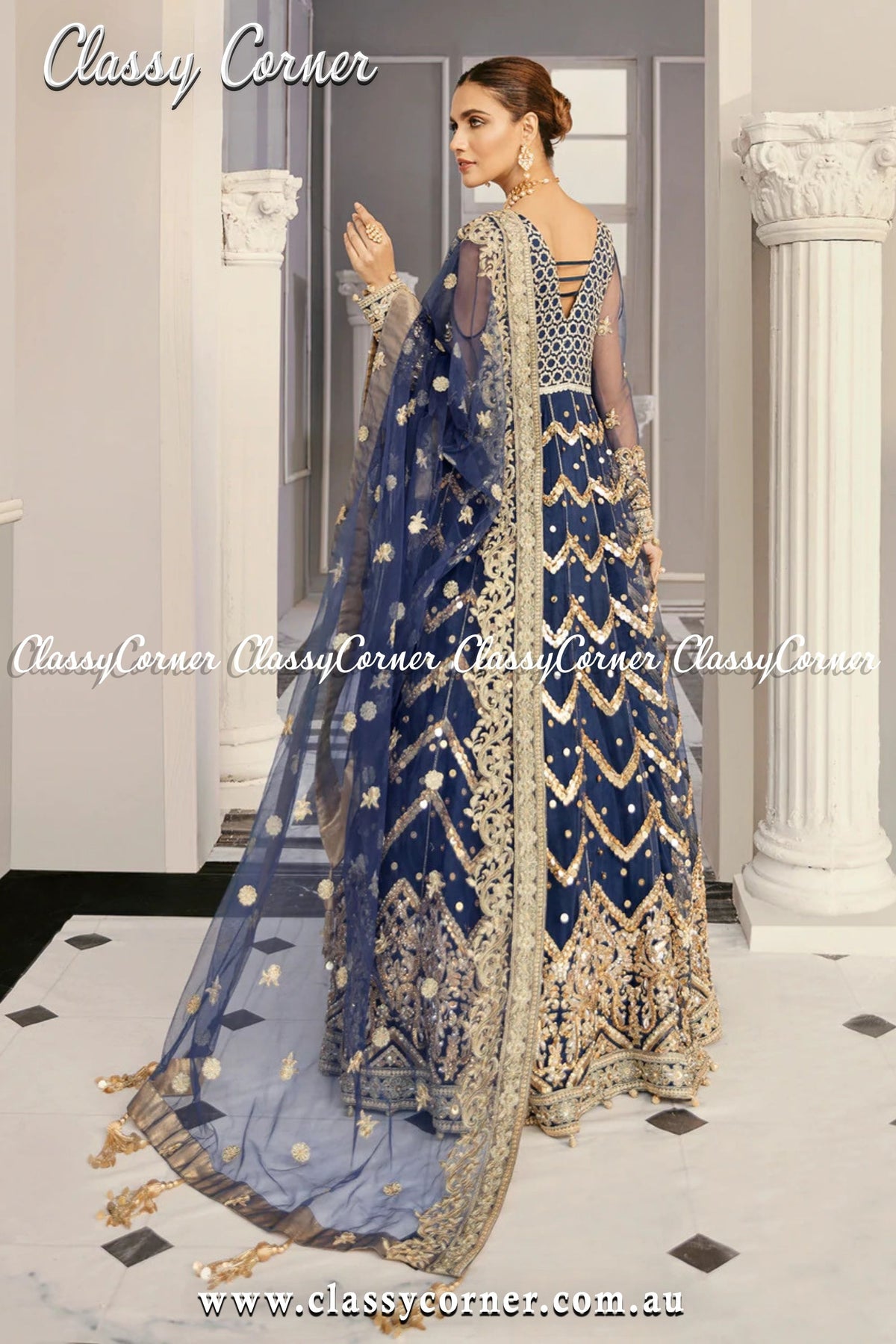 Navy Blue Gold Pakistani Formal Gown - Classy Corner