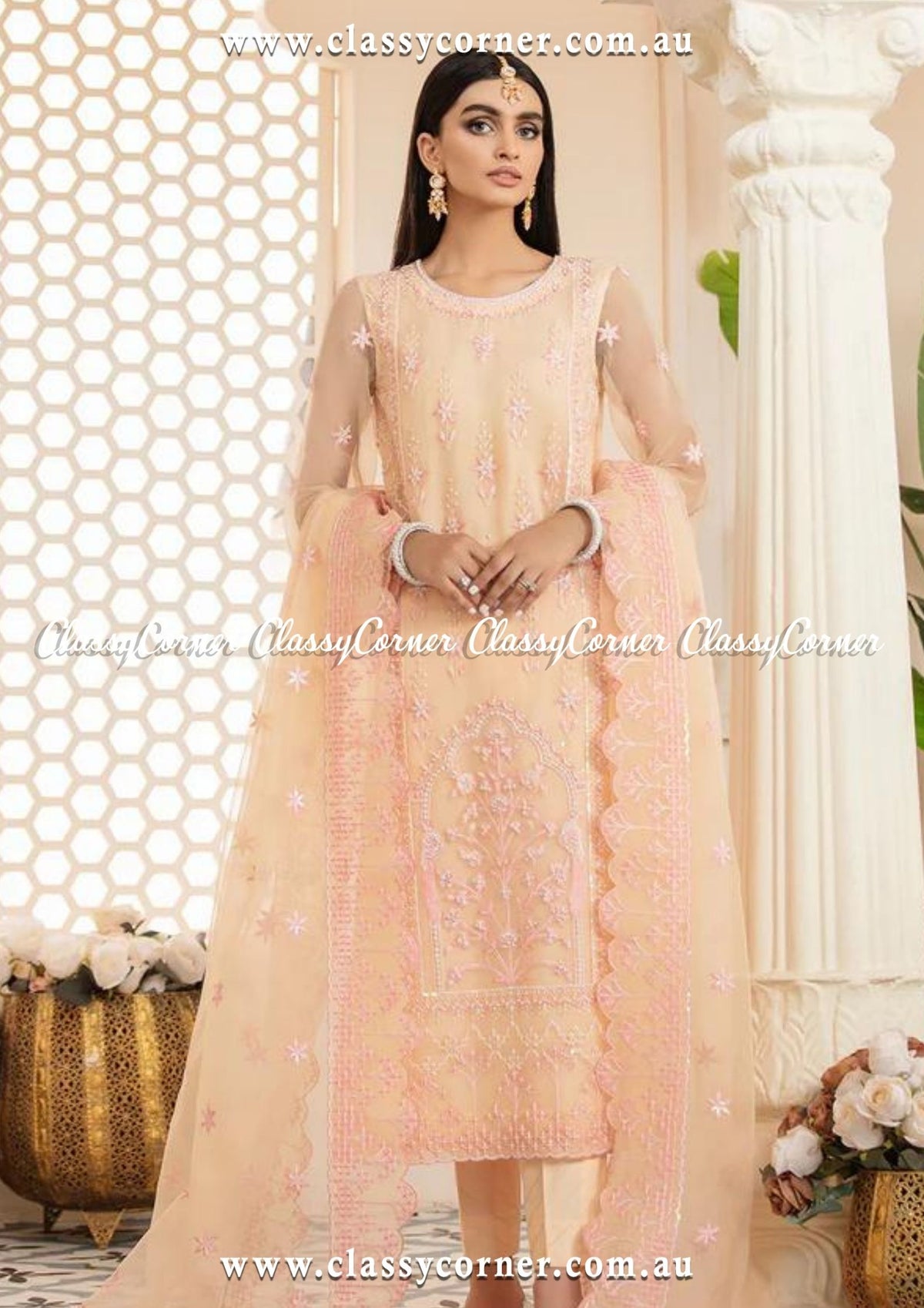 Pastel Peach Embroidered Dress - Classy Corner