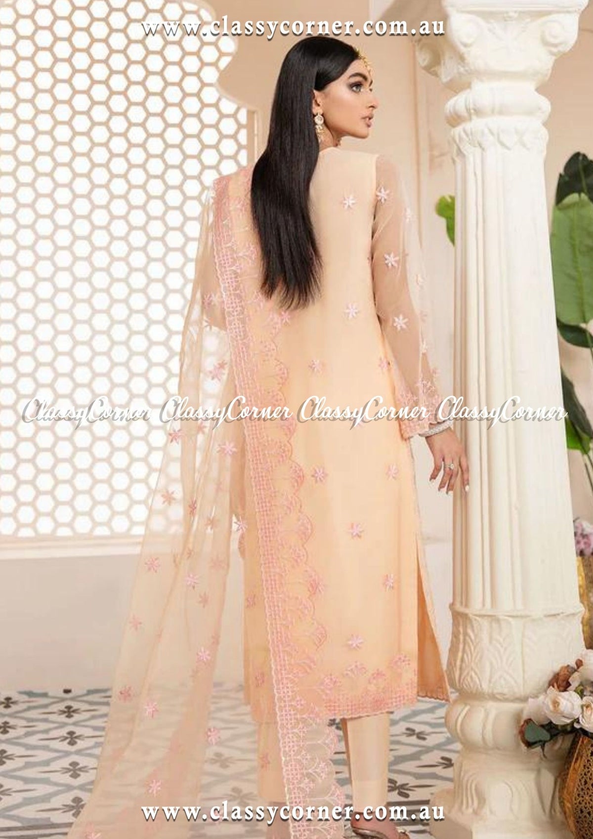 Pastel Peach Embroidered Dress - Classy Corner