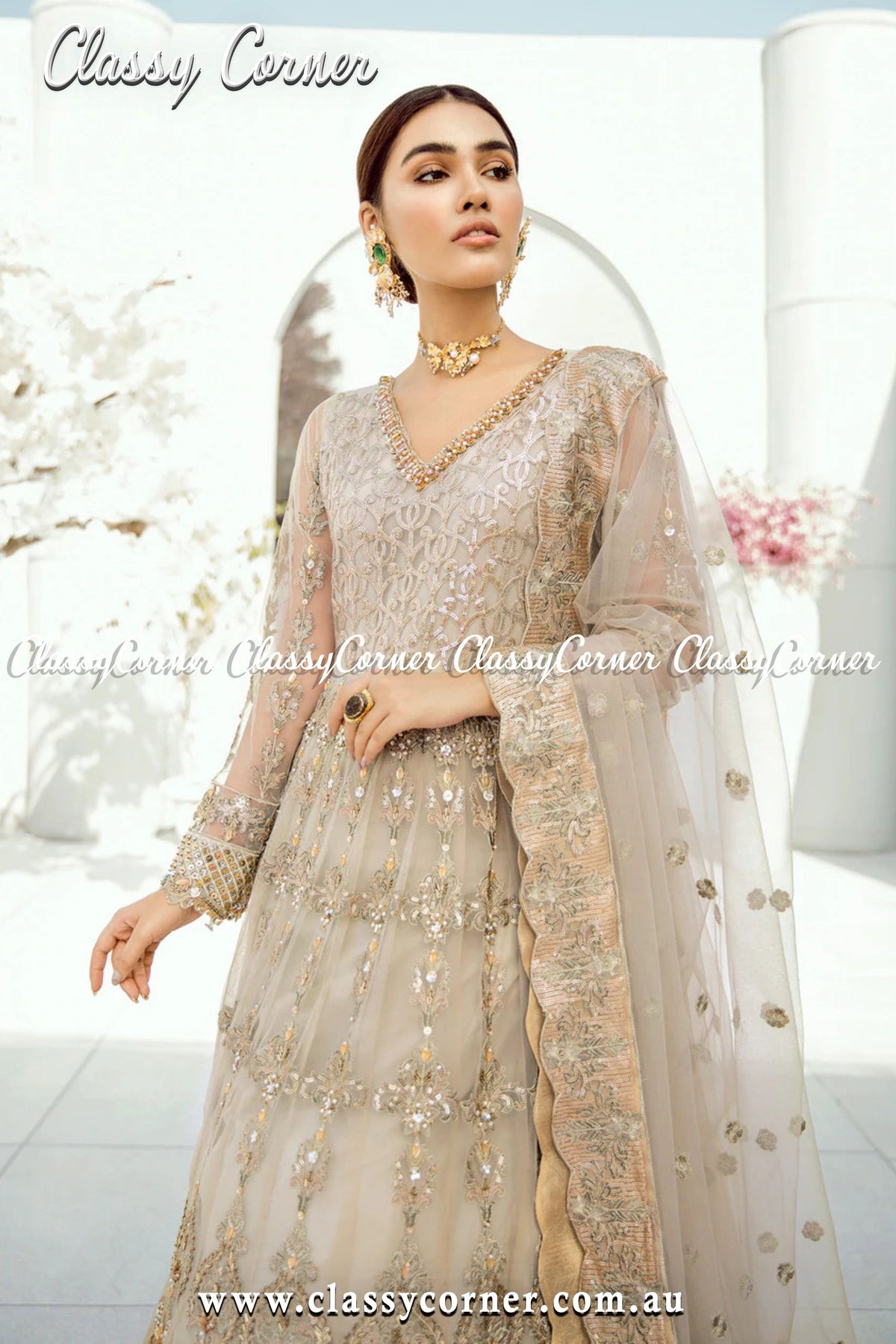 Beige Cream Pakistani Formal Party Gown - Classy Corner