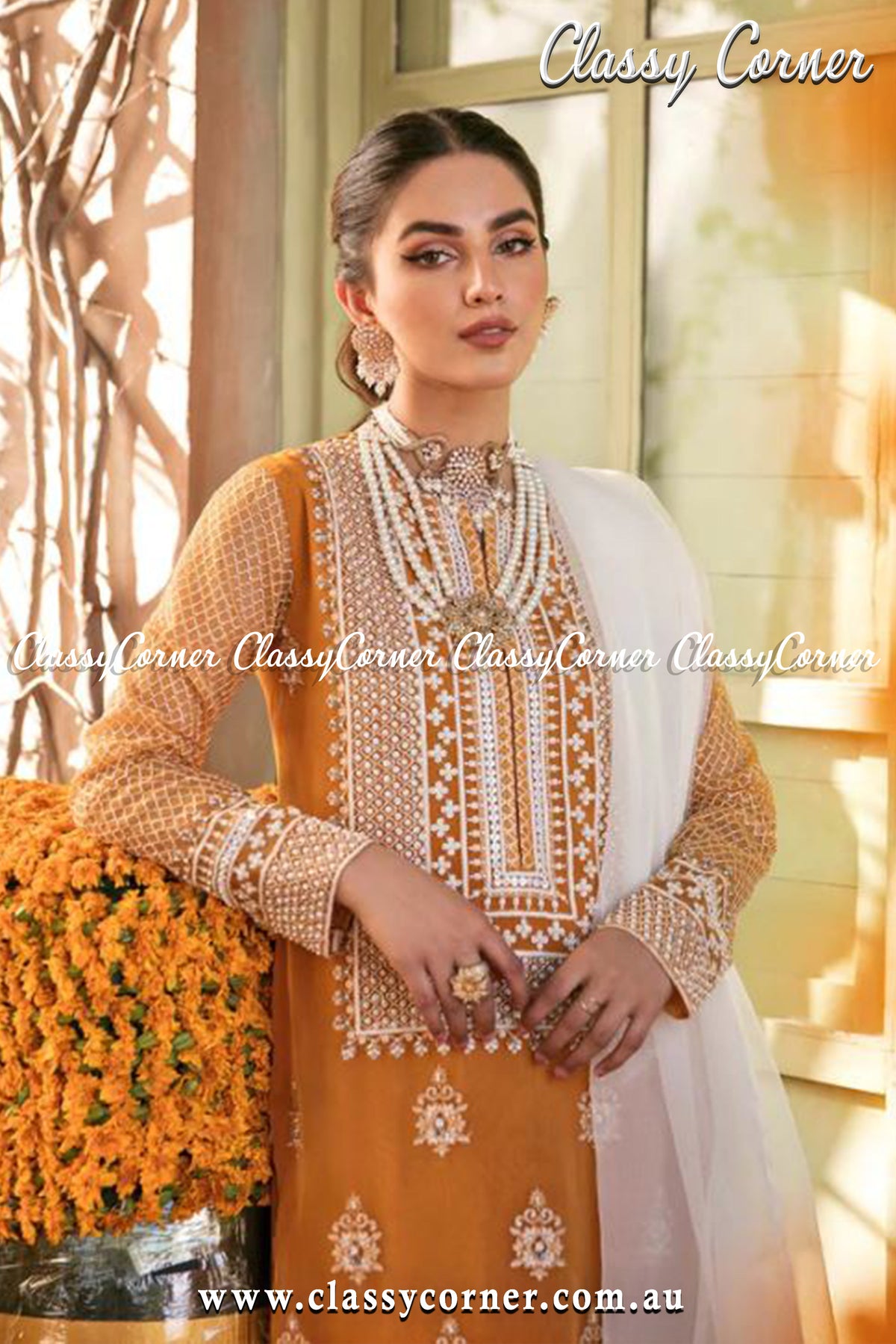 Yellow White Organza Pakistani Outfit - Classy Corner