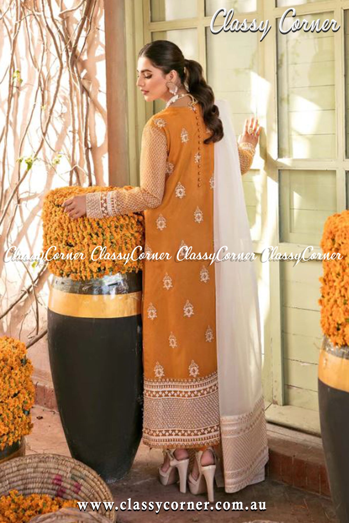 Yellow White Organza Pakistani Outfit - Classy Corner