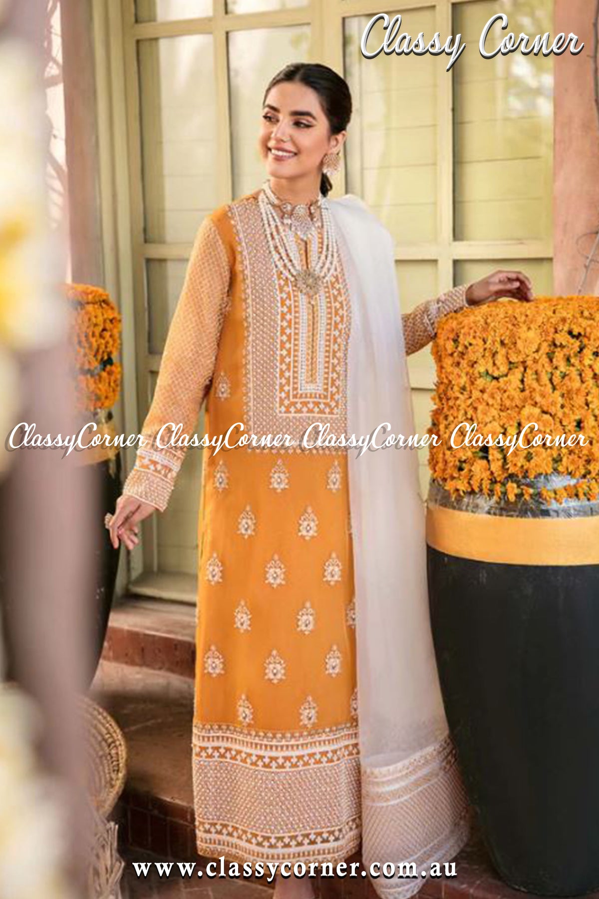 Yellow White Organza Pakistani Outfit - Classy Corner