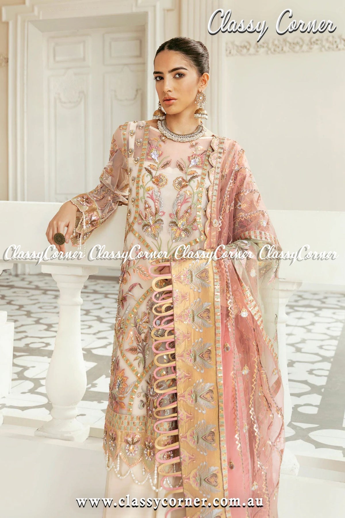 White Gold Pink Pakistani Lengeha - Classy Corner