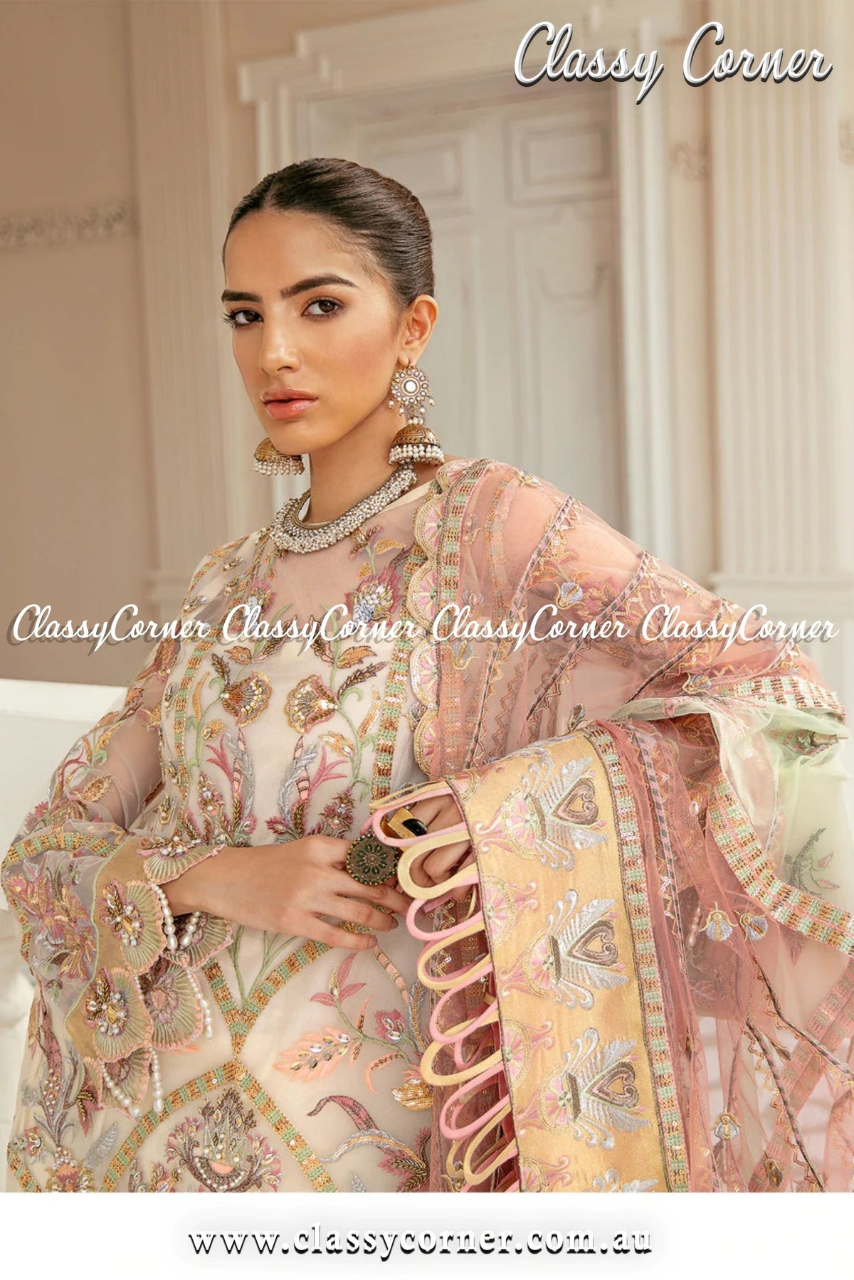 White Gold Pink Pakistani Lengeha - Classy Corner