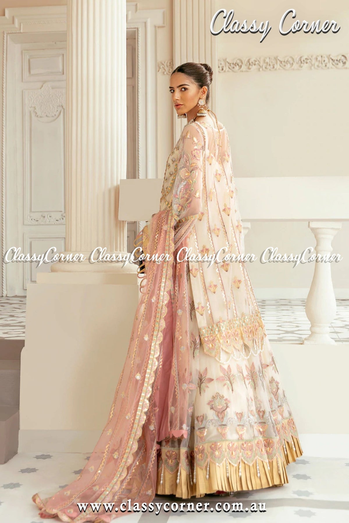 White Gold Pink Pakistani Lengeha - Classy Corner