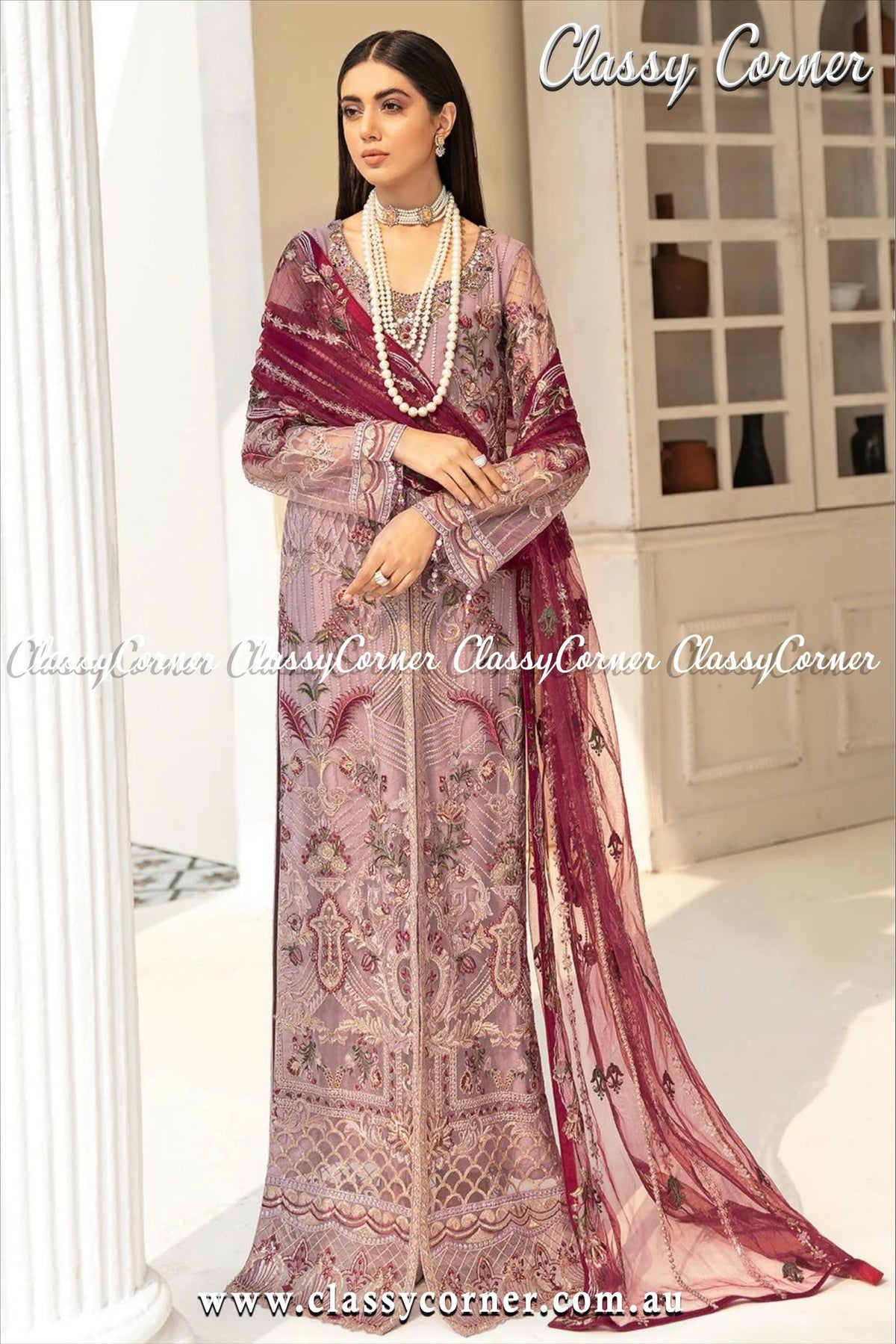 Mauve Maroon Net Pakistani Salwar Kameez - Classy Corner