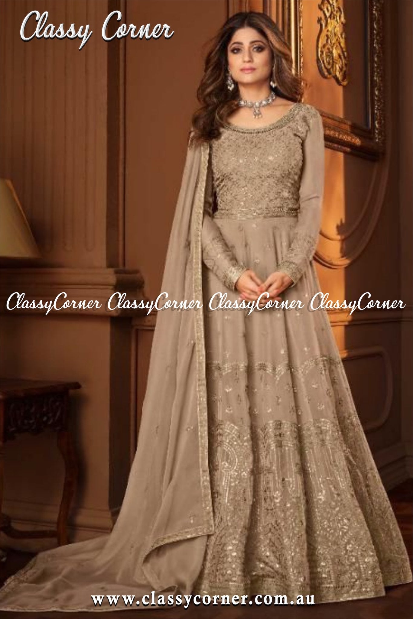 Dusty Beige Georgette Gown Dupatta - Classy Corner