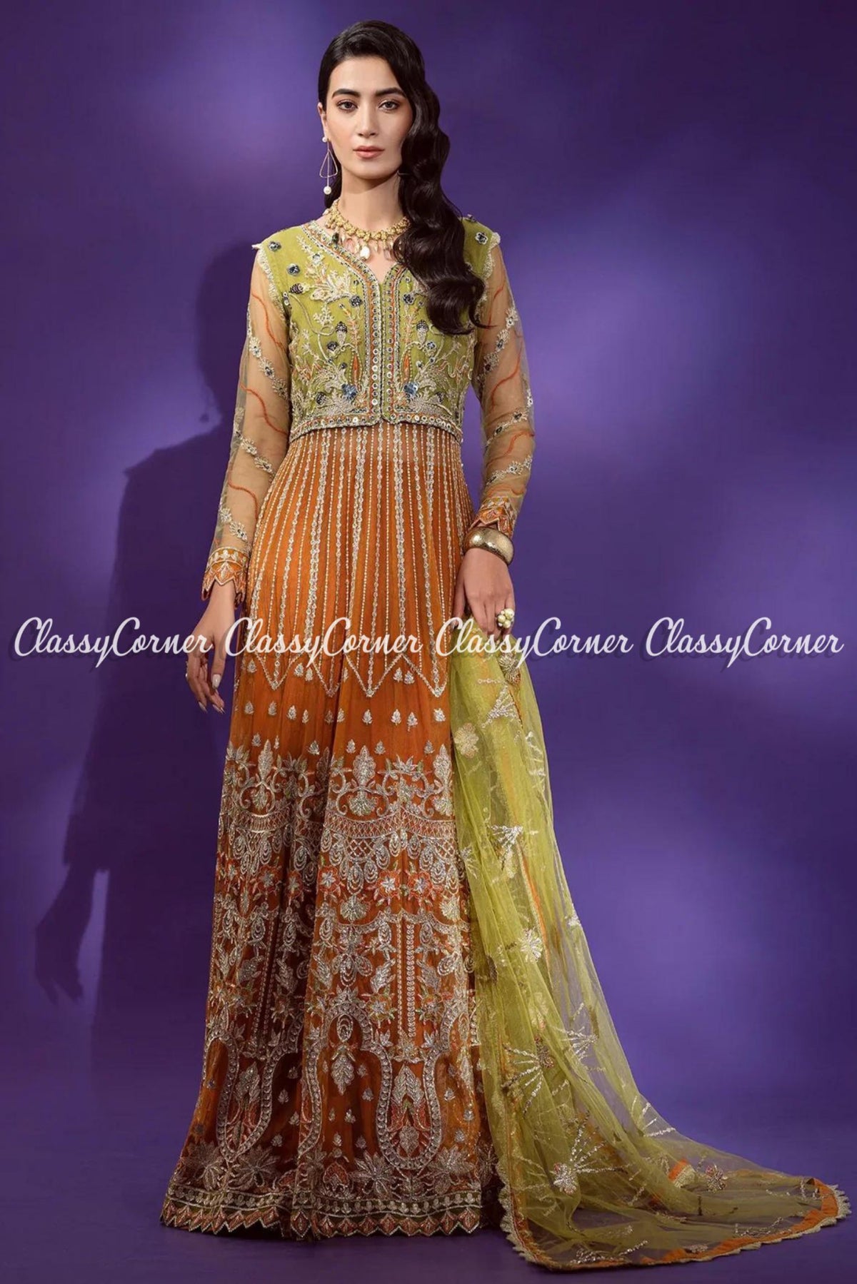 Green Orange Mehendi Night Gown