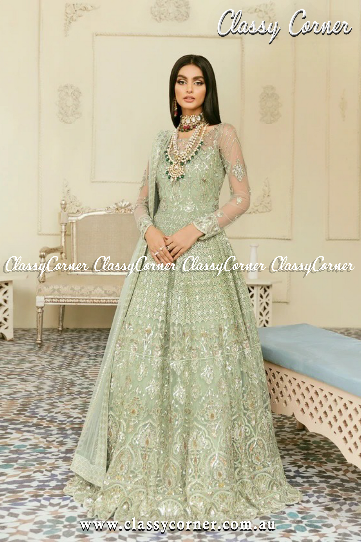 Light Green Pakistani Party Wear Gown - Classy Corner