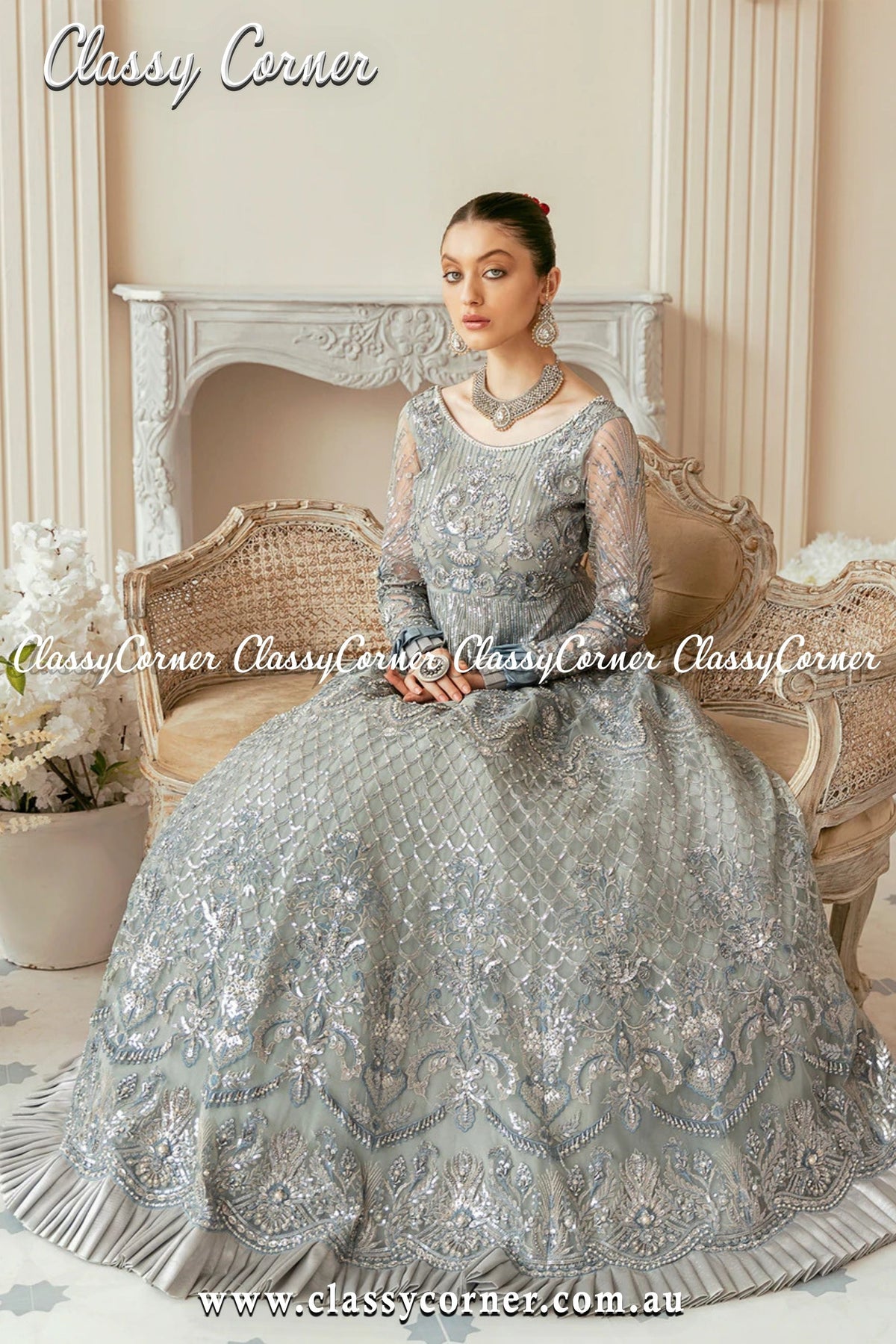 Silver Grey Pakistani Formal Party Gown - Classy Corner