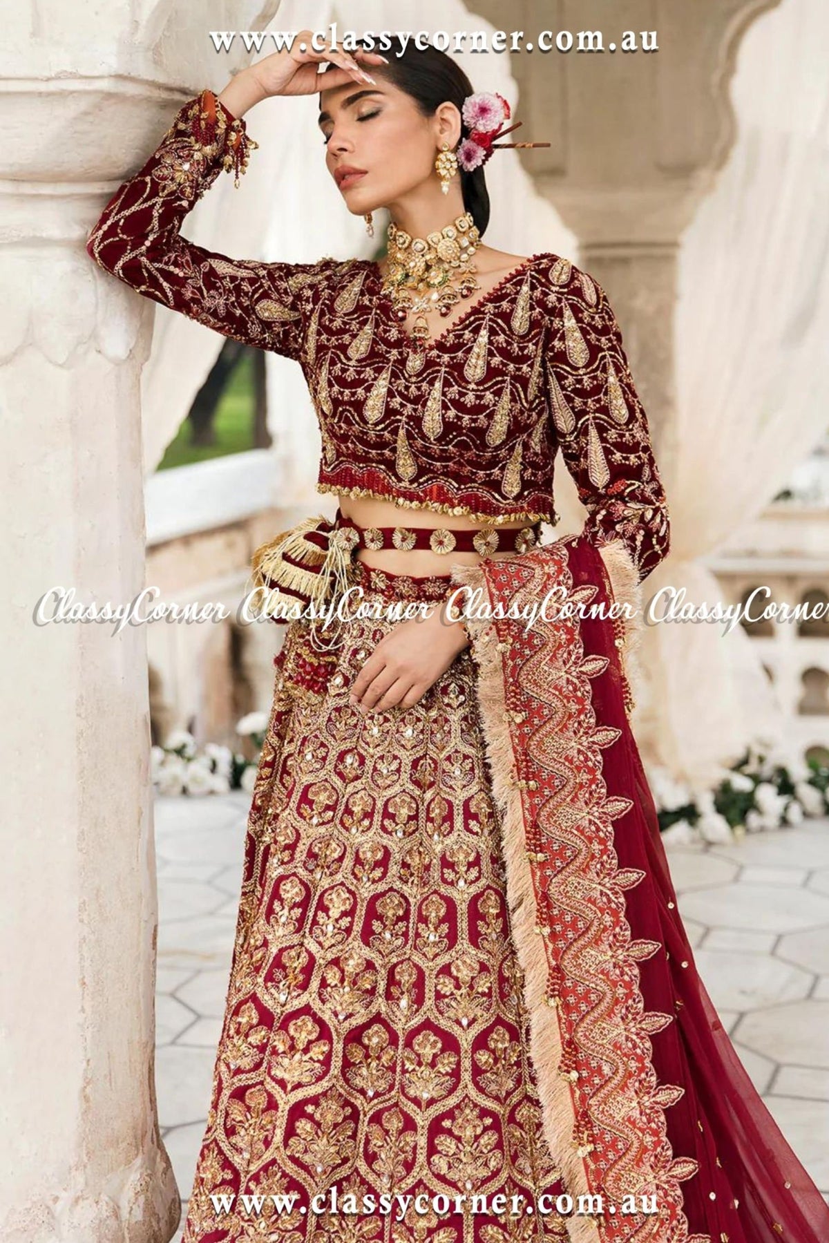 Deep Red Velvet Lehenga Choli - Classy Corner