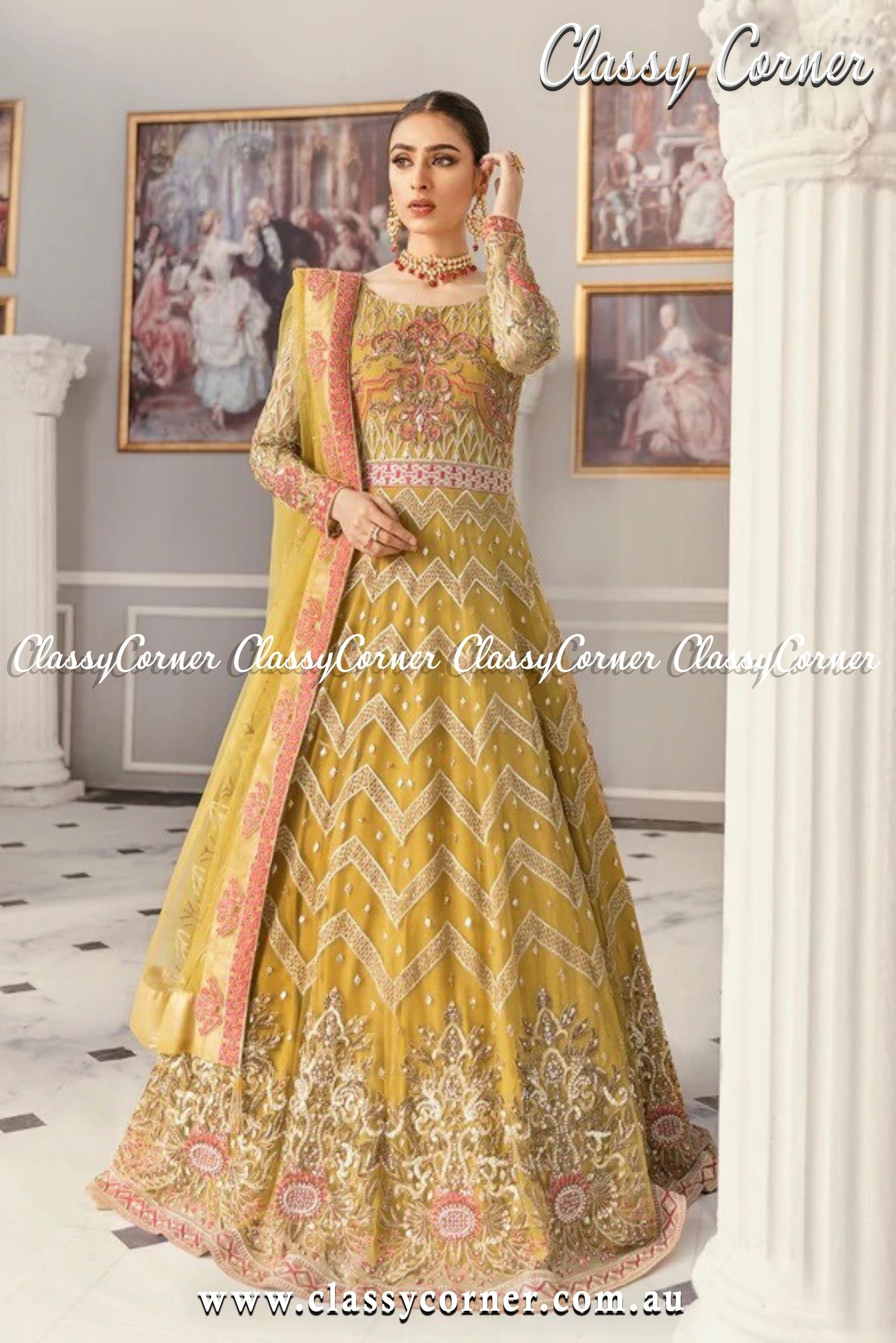 Mustard Yellow Pakistani Formal Gown - Classy Corner