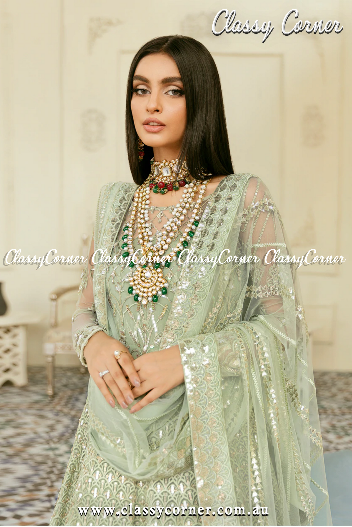 Light Green Pakistani Party Wear Gown - Classy Corner