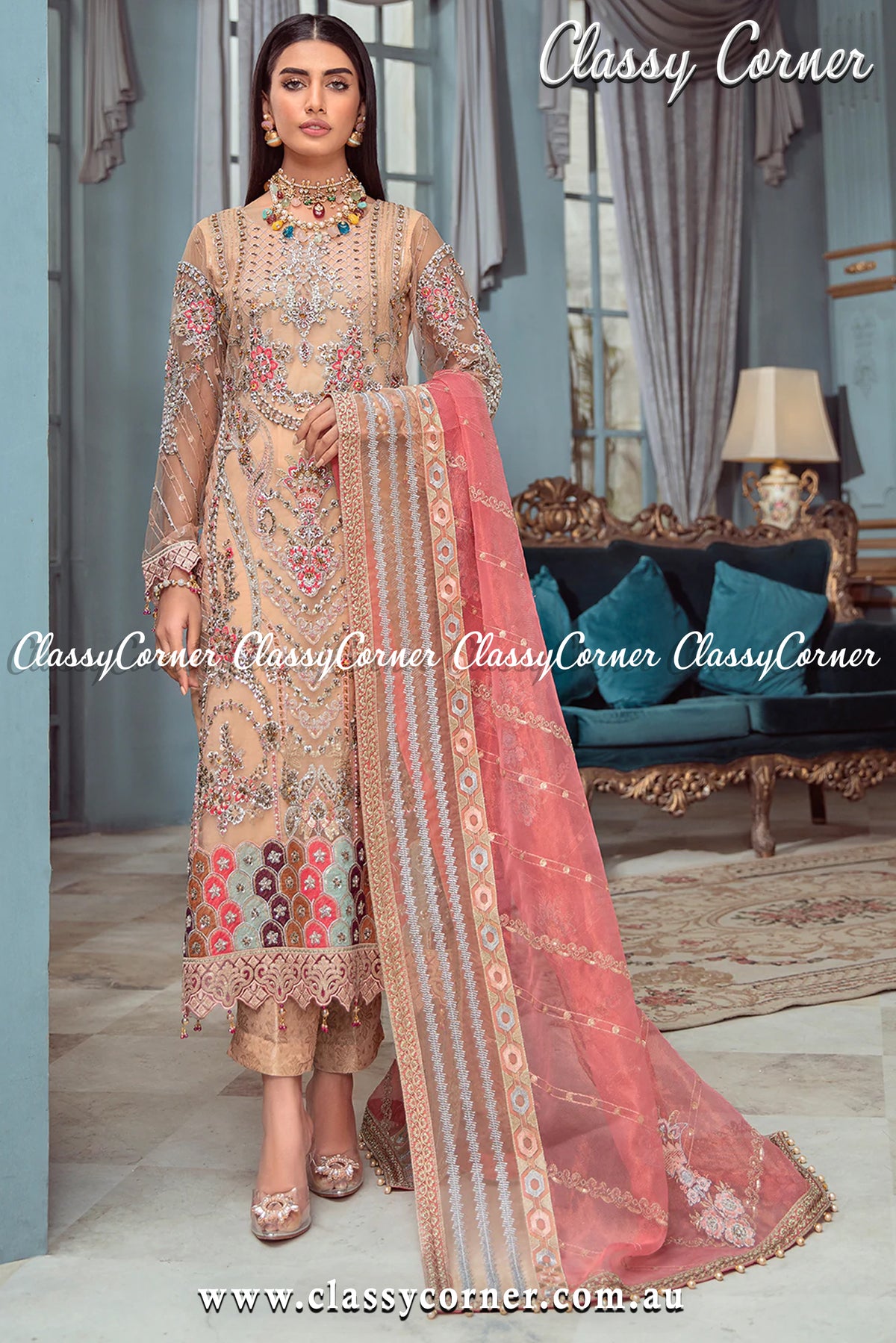 Apricot Peach Net Pakistani Wedding 3pc Suit - Classy Corner