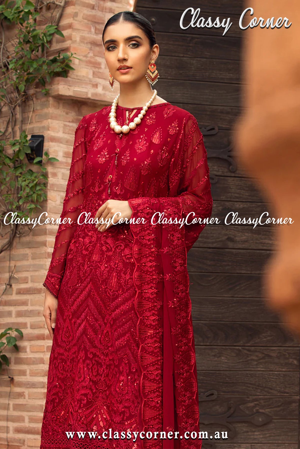 Barn Red Chiffon Salwar Kameez - Classy Corner