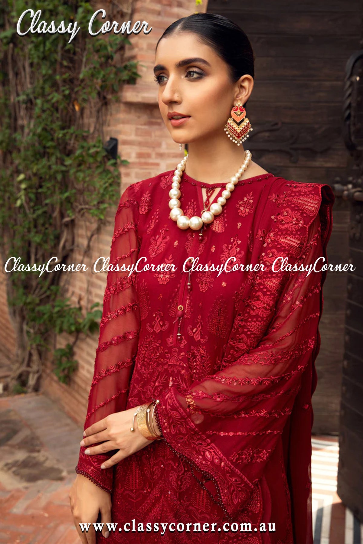 Barn Red Chiffon Salwar Kameez - Classy Corner