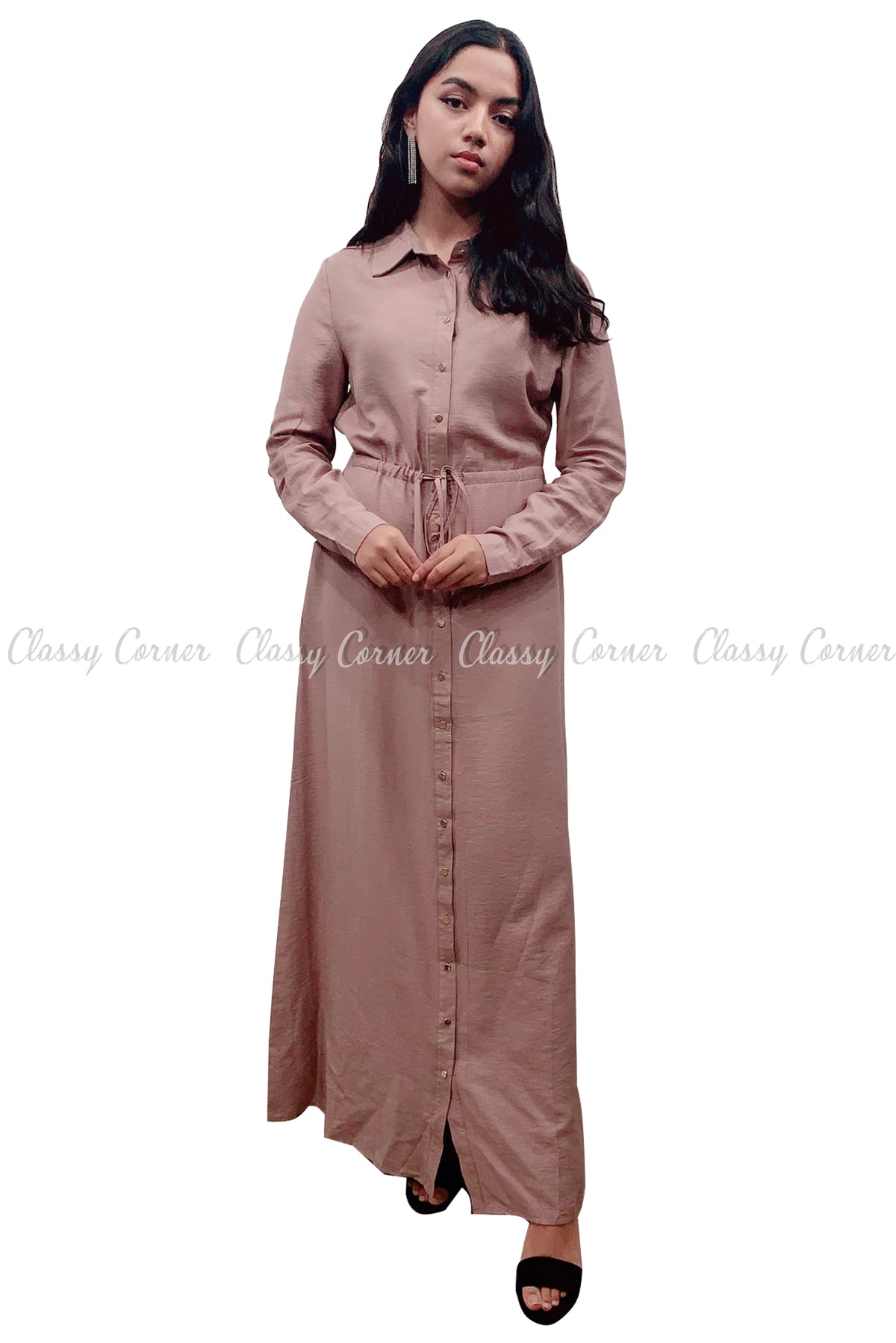 Button Down Dark Dusty Beige Modest Long Dress - Classy Corner