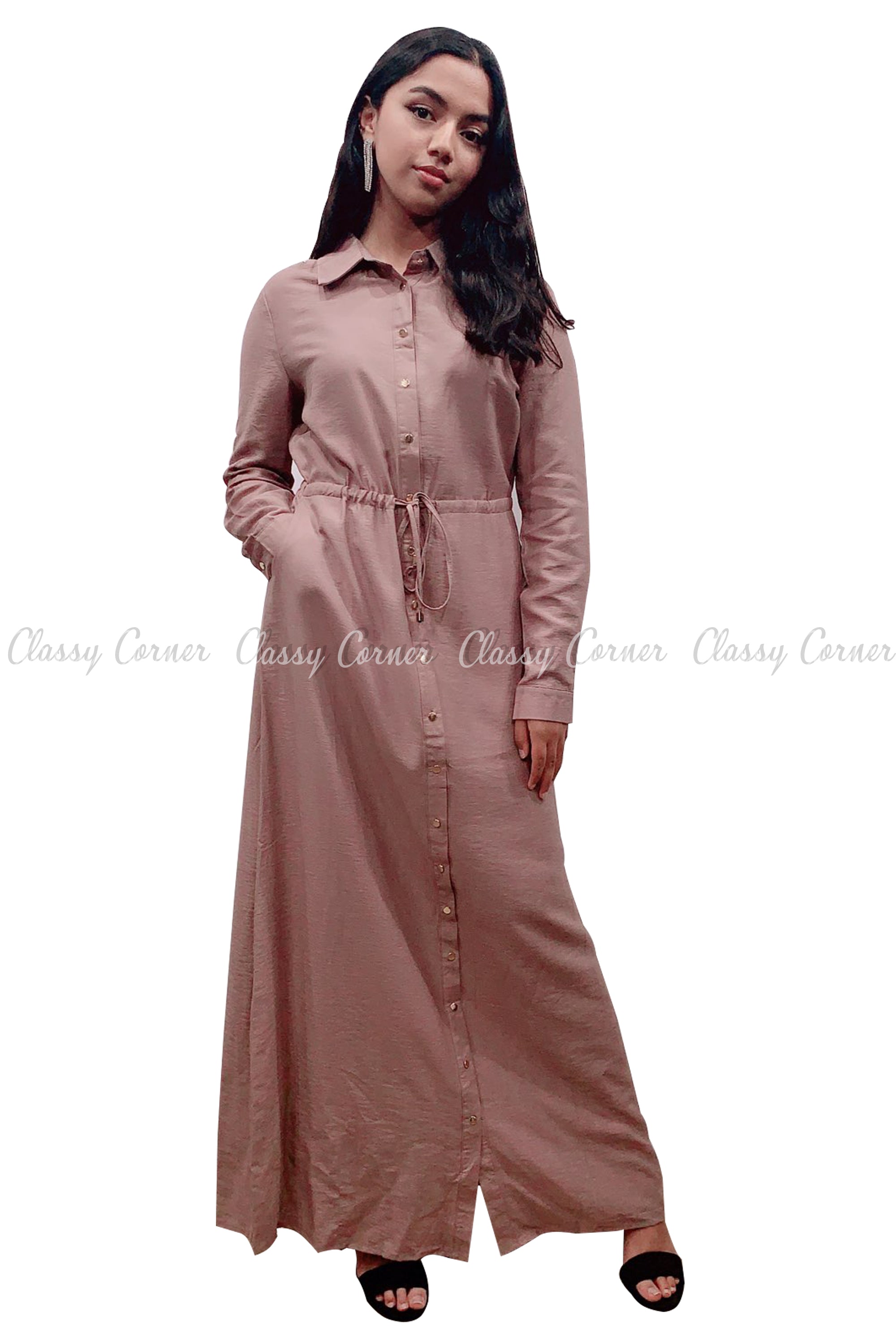 Button Down Dark Dusty Beige Modest Long Dress - Classy Corner