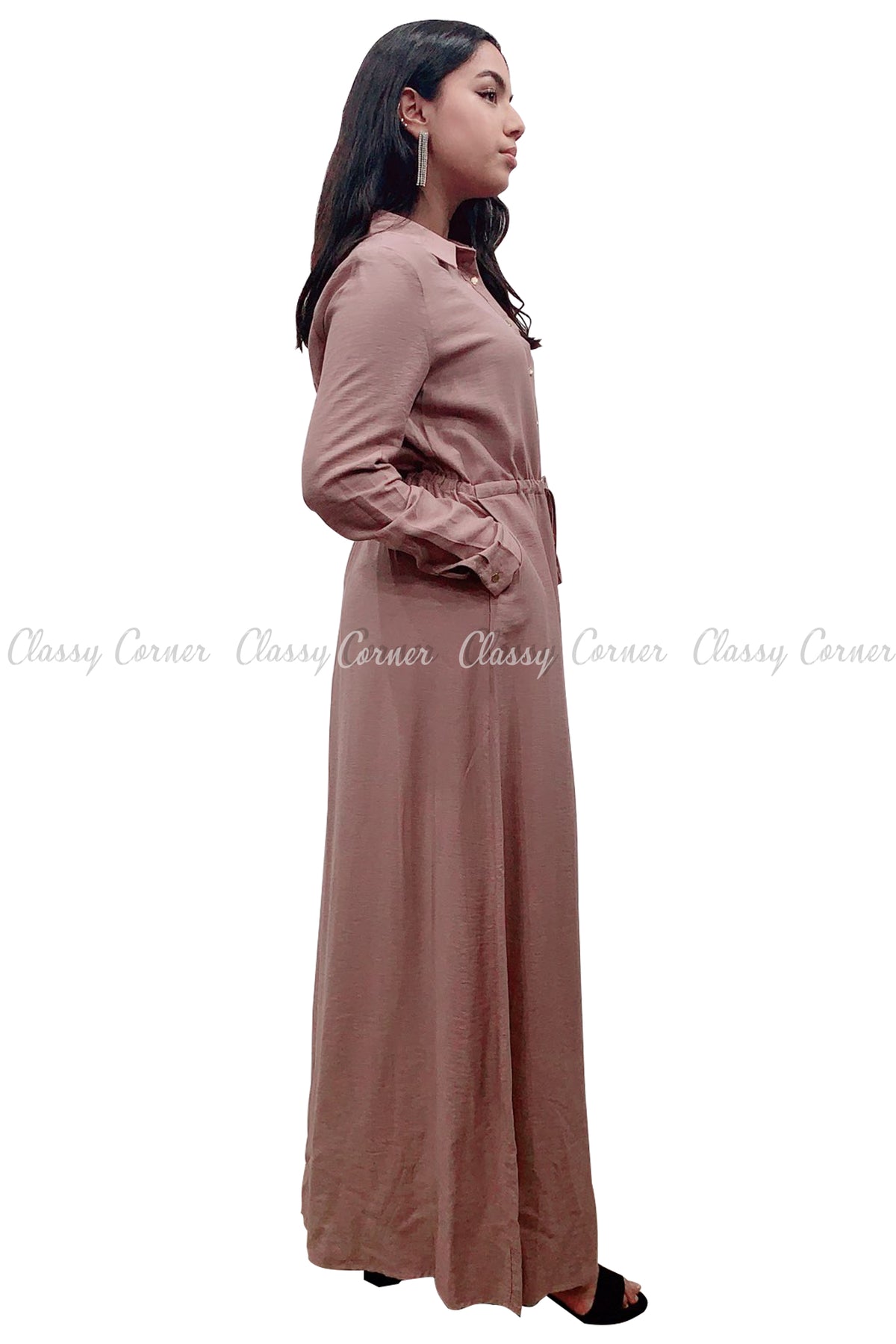 Button Down Dark Dusty Beige Modest Long Dress - Classy Corner