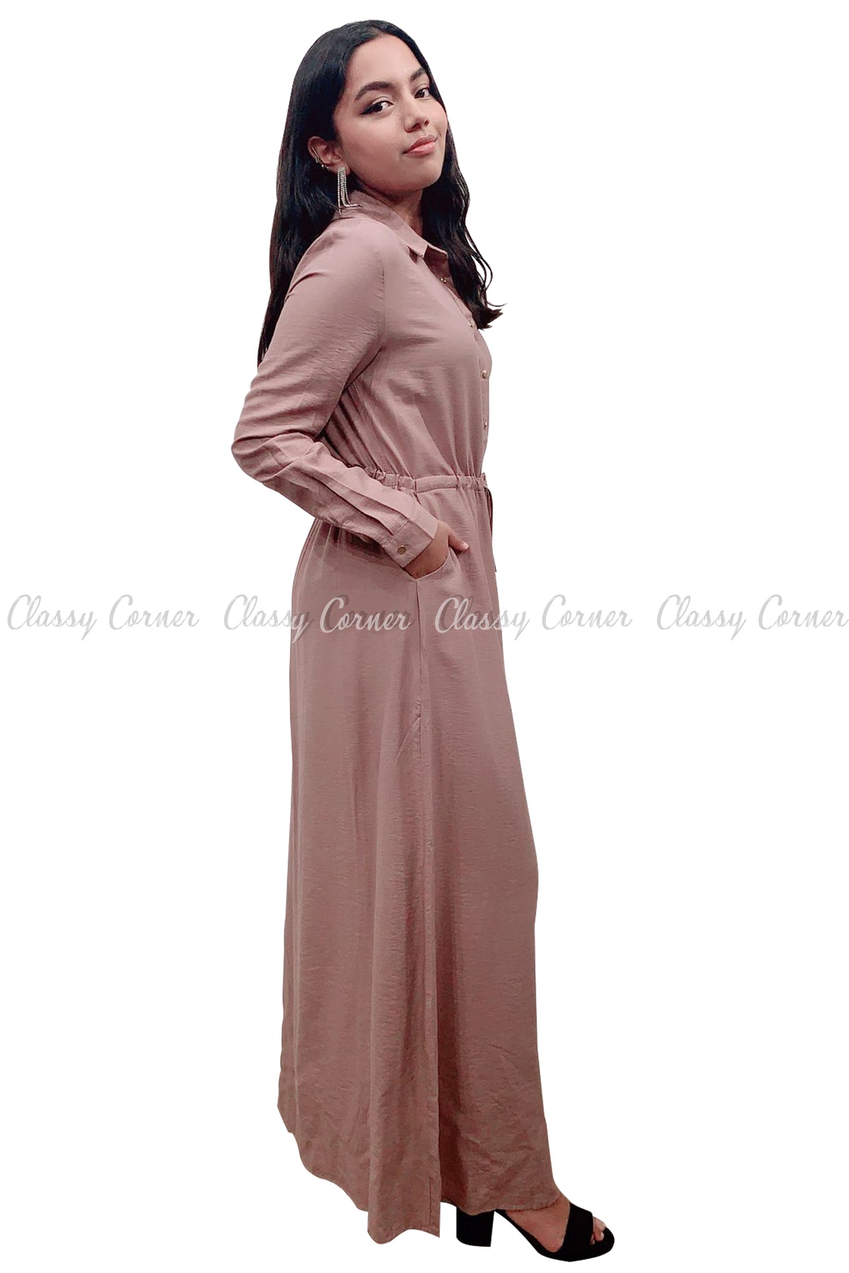 Button Down Dark Dusty Beige Modest Long Dress - Classy Corner