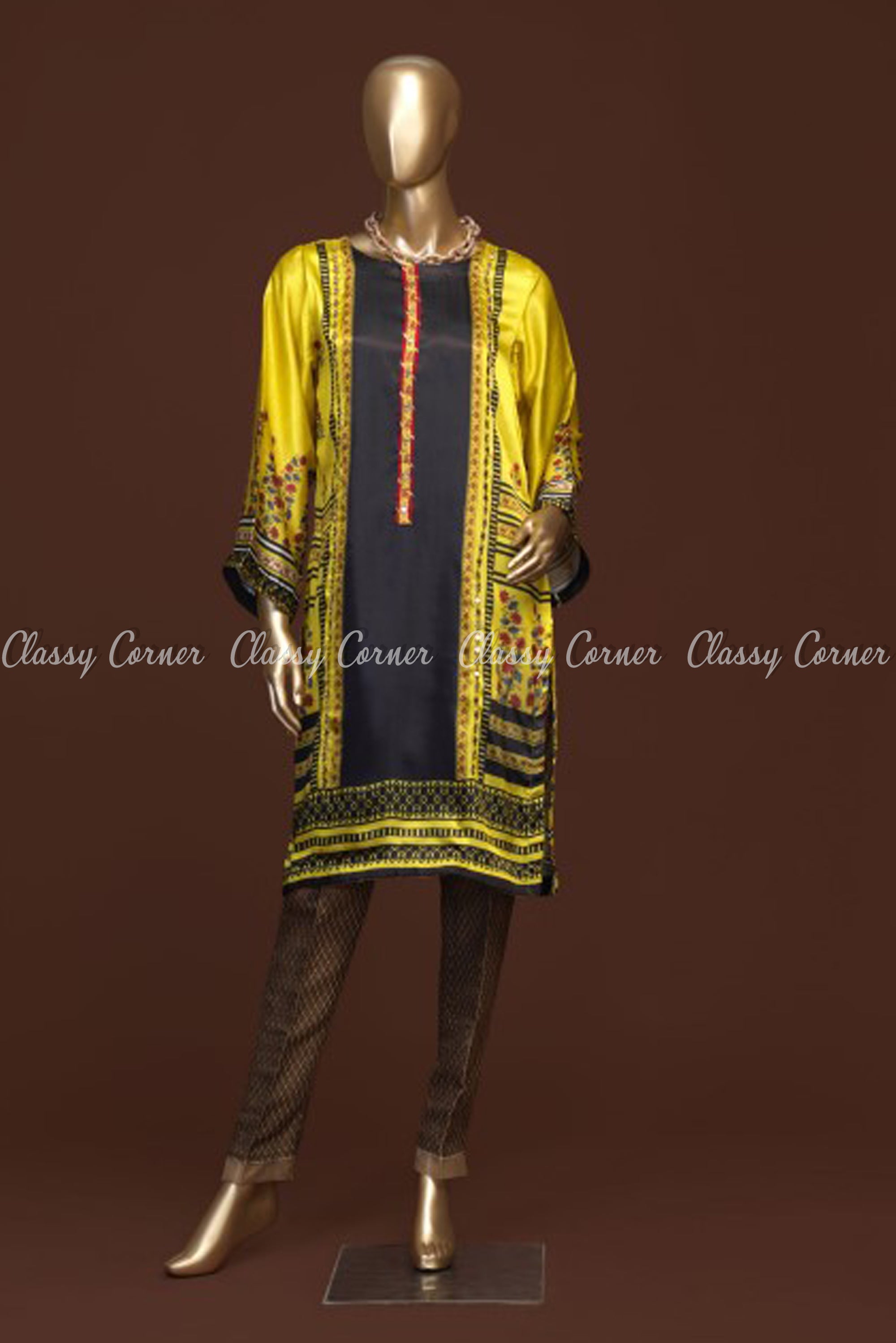 Classic Floral Design Yellow and Black Silk Kurti - Classy Corner