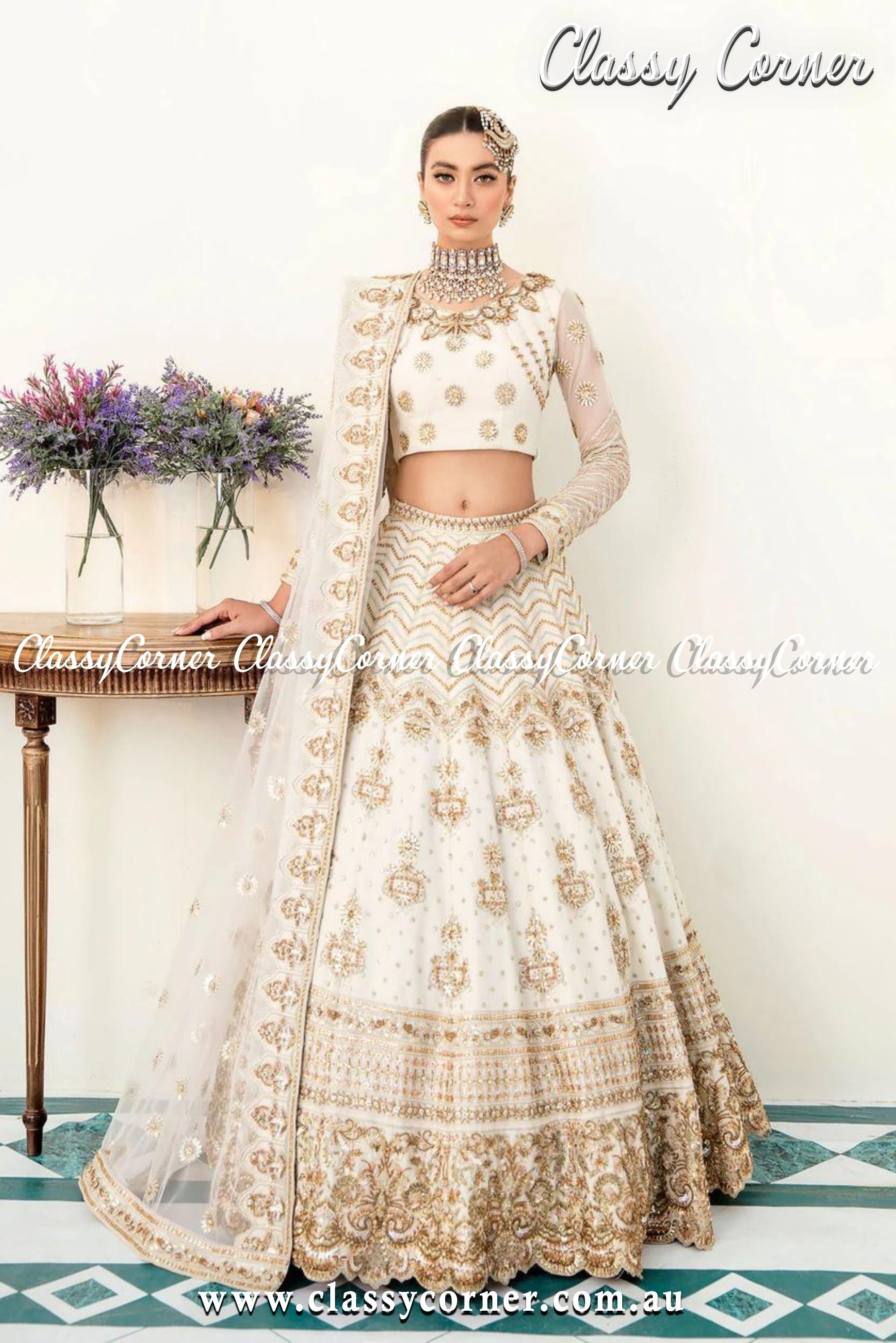 Gold White Wedding Lehenga - Classy Corner