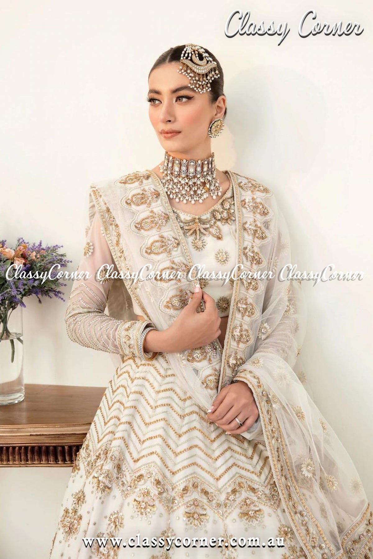 Gold White Wedding Lehenga - Classy Corner