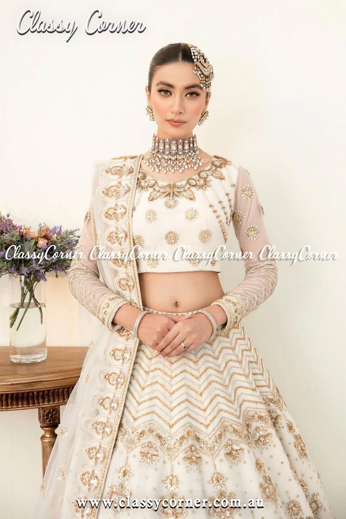 Gold White Wedding Lehenga - Classy Corner